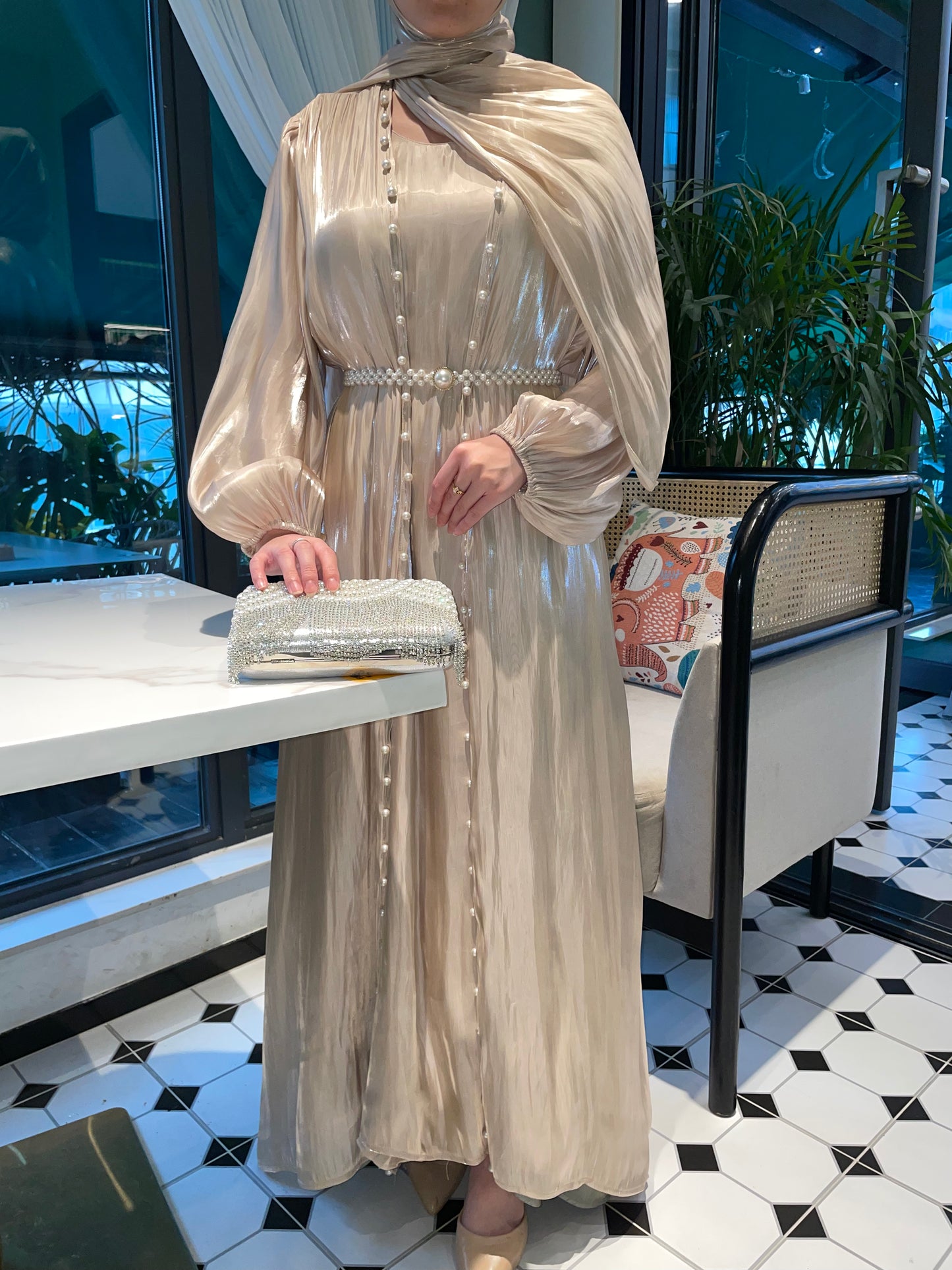 #CL03 Luxury 5-Piece Silk Abaya Set | Pearl-Embellished Belt & Kaftan Dress for Weddings & Evening Galas