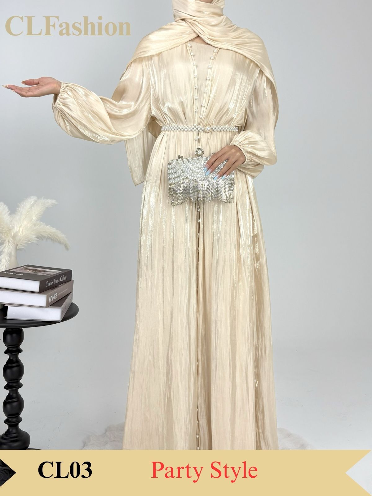 #CL03 Luxury 5-Piece Silk Abaya Set | Pearl-Embellished Belt & Kaftan Dress for Weddings & Evening Galas