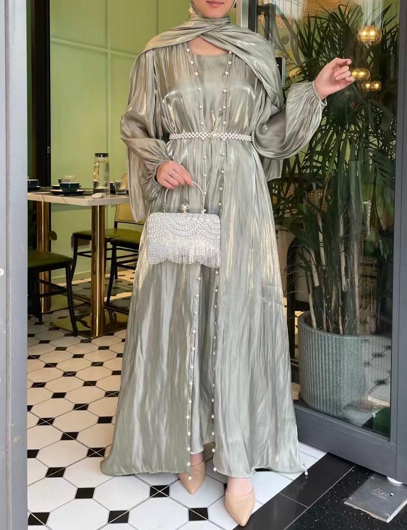 #CL03 Luxury 5-Piece Silk Abaya Set | Pearl-Embellished Belt & Kaftan Dress for Weddings & Evening Galas