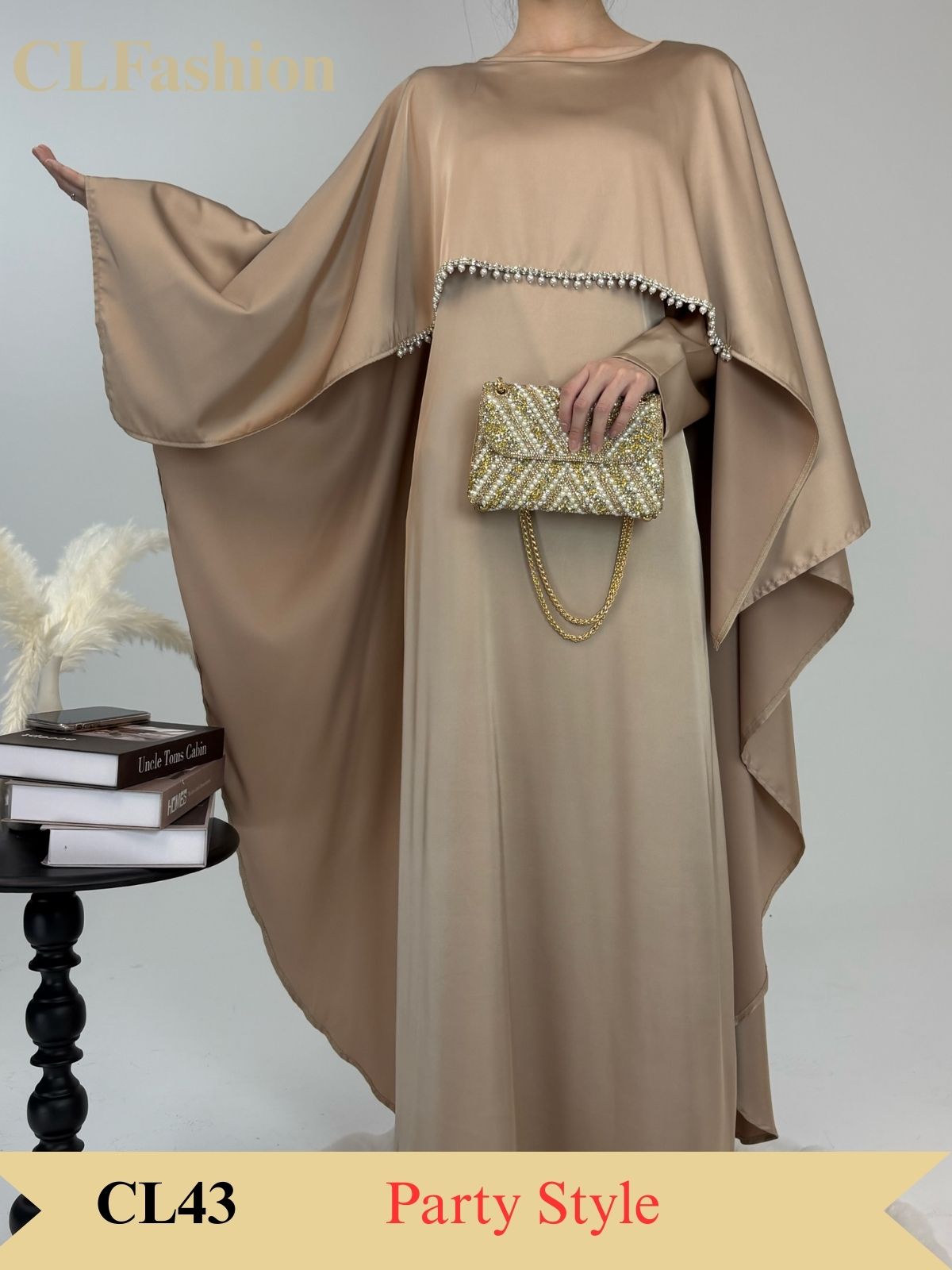 #CL43 Pearl & Crystal Butterfly Abaya ✦ Satin Cape Dress for Weddings & Evening Galas