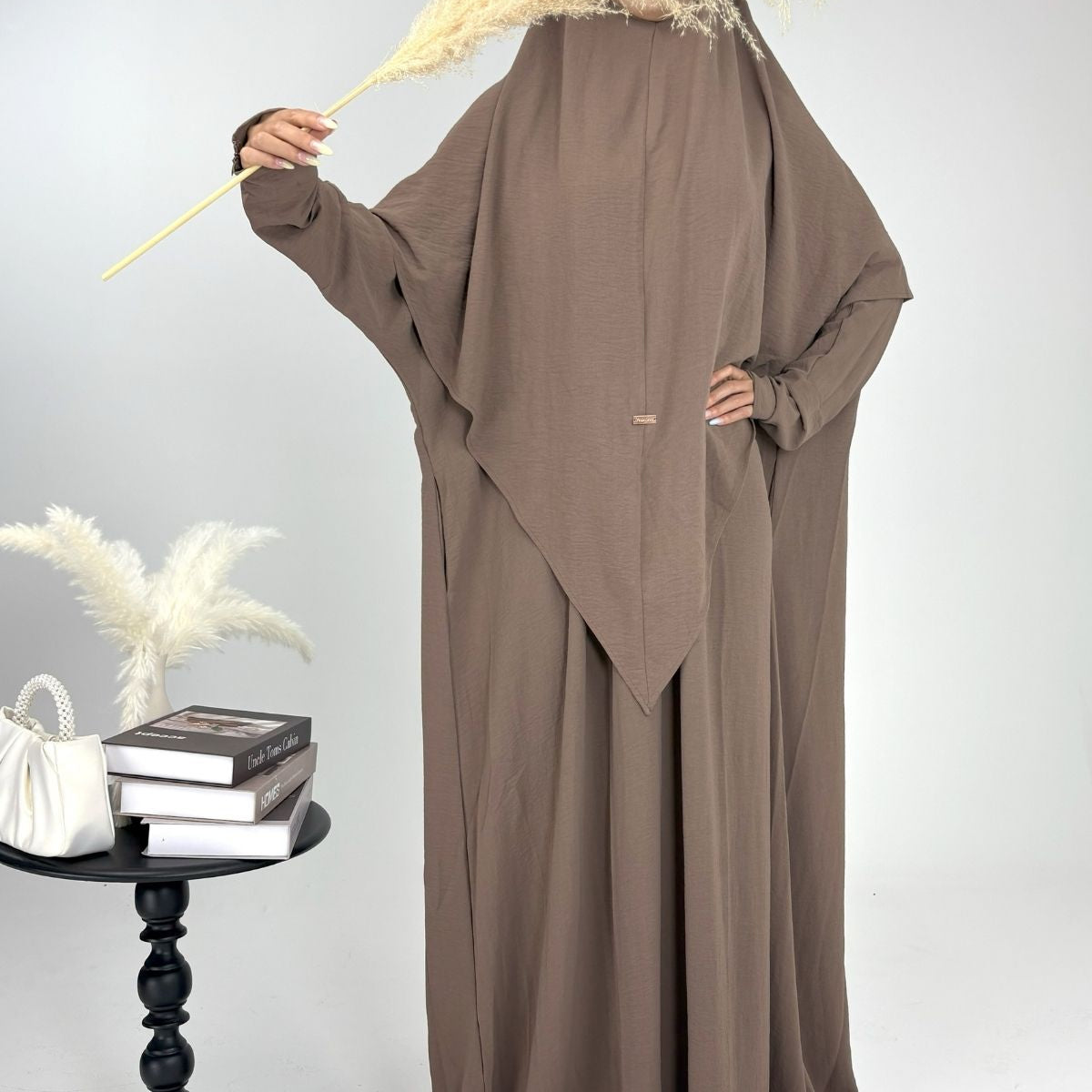 HASA HS0559 Crepe Abaya with Pockets + Layered Khimar Set