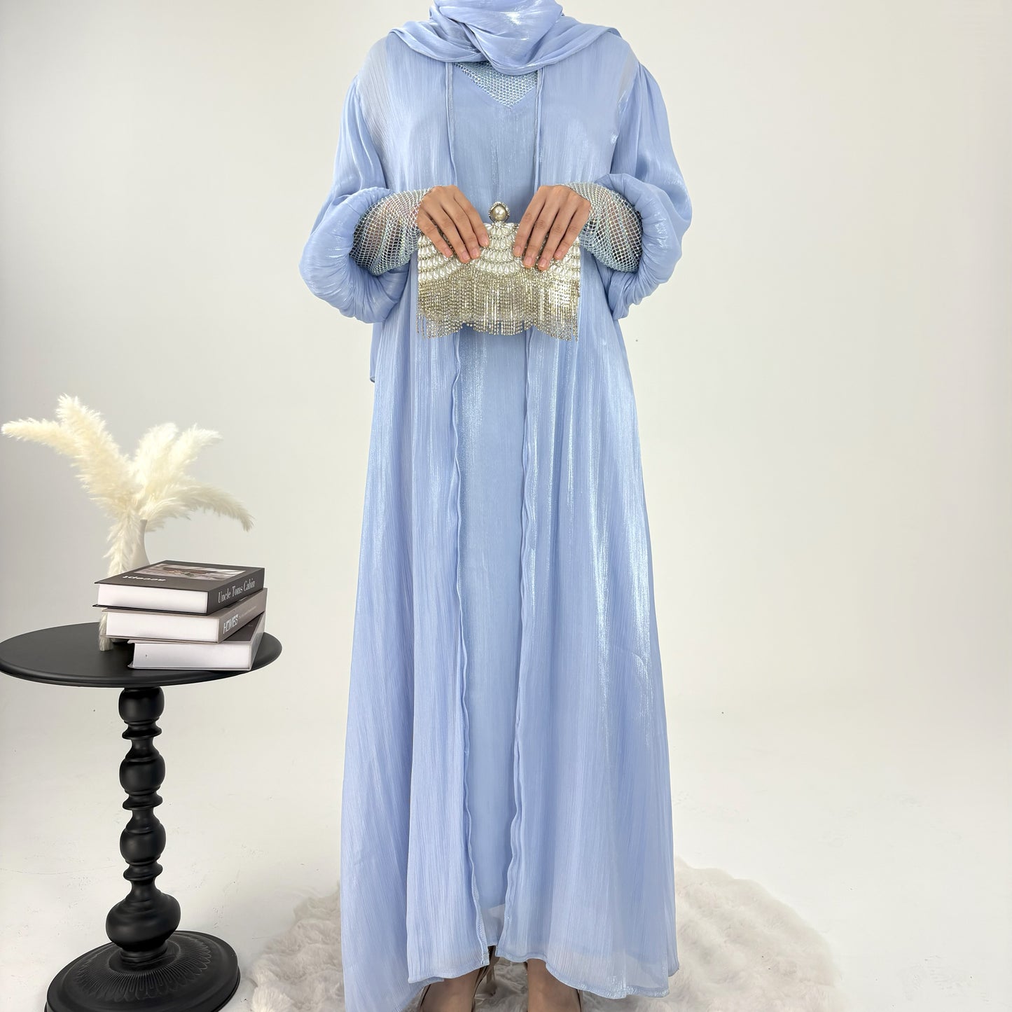 #CL04 Luxury 4-Piece Abaya Set | Shiny Mesh Chiffon Kaftan Dress with Scarf ✦ Modest Islamic Fashion