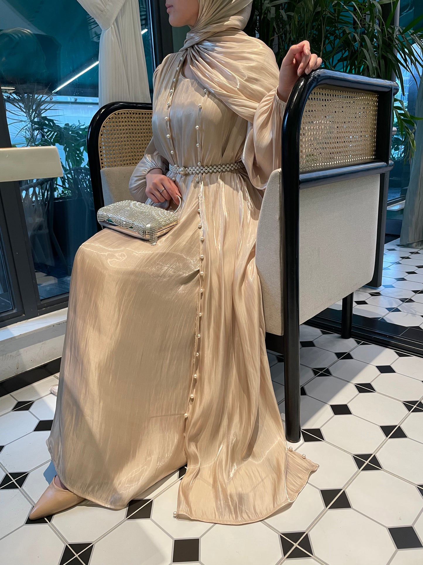 #CL03 Luxury 5-Piece Silk Abaya Set | Pearl-Embellished Belt & Kaftan Dress for Weddings & Evening Galas