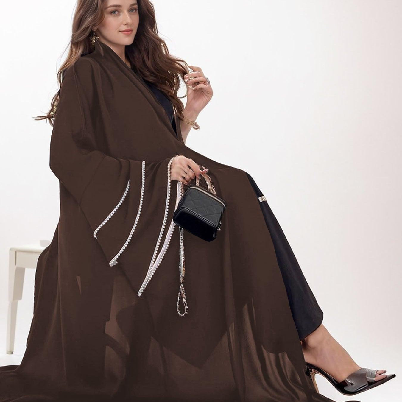 #CL11  Luxury Pearl-Sleeve Abaya ✦ Handcrafted Muslim Dress for Weddings & Eid Celebrations