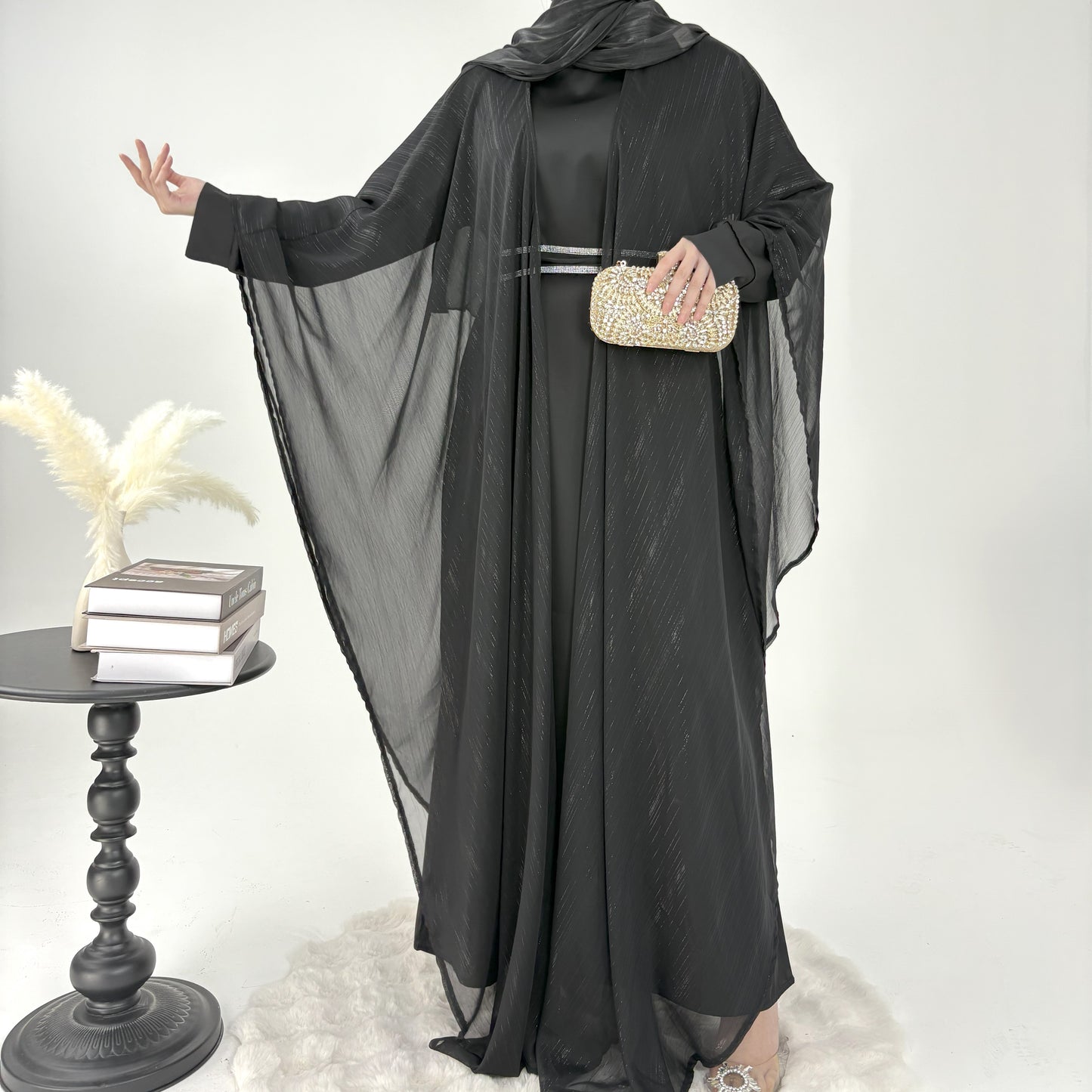 #CL51 Luxe Gold-Thread Abaya Set ✦ Shimmer Cardigan & Loose Abaya Duo for Day-to-Night Modesty