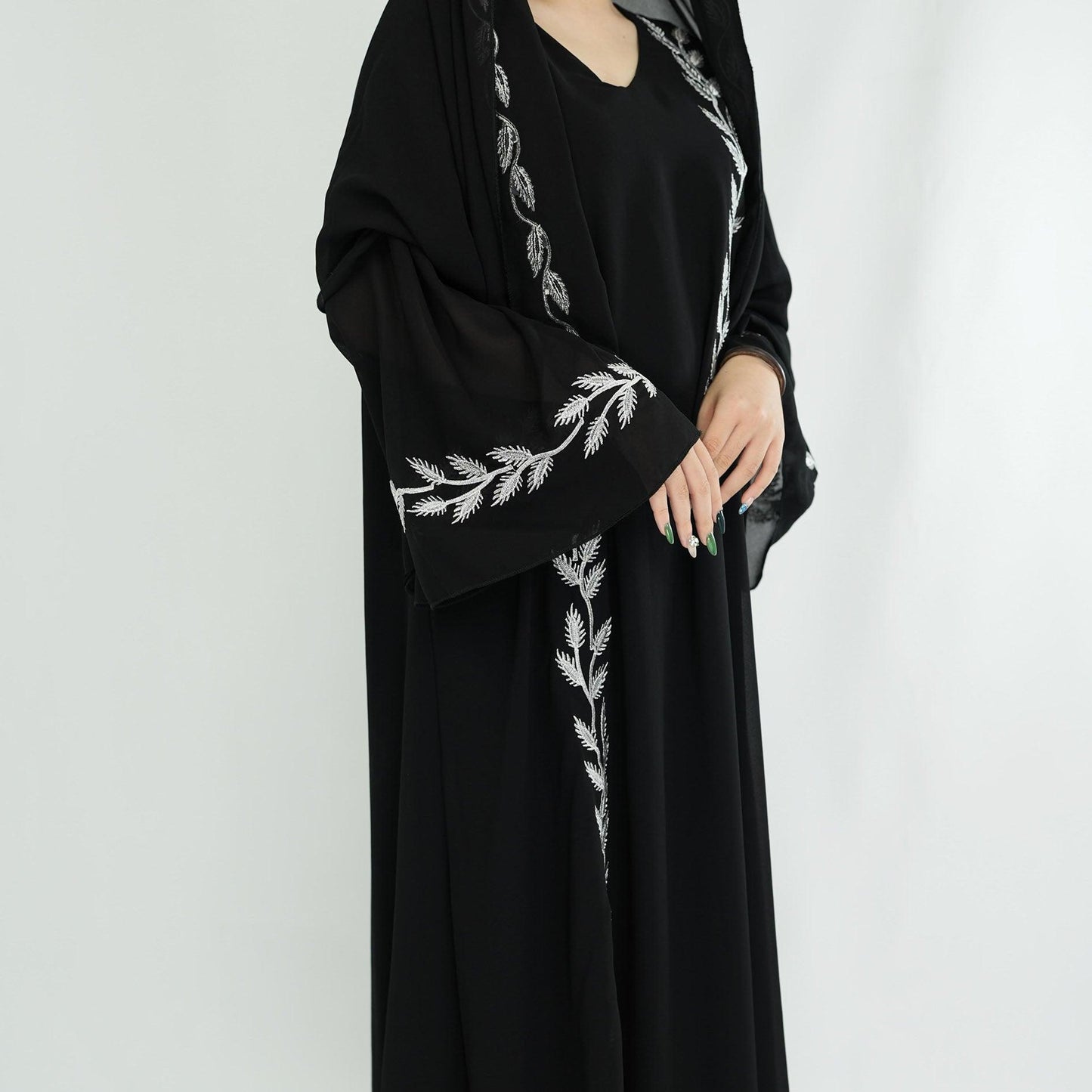 #CL14 Luxury Hand-Embroidered Leaf Abaya Set | 2-Piece Chiffon Hijab Dress in 4 Colors (S-2XL)