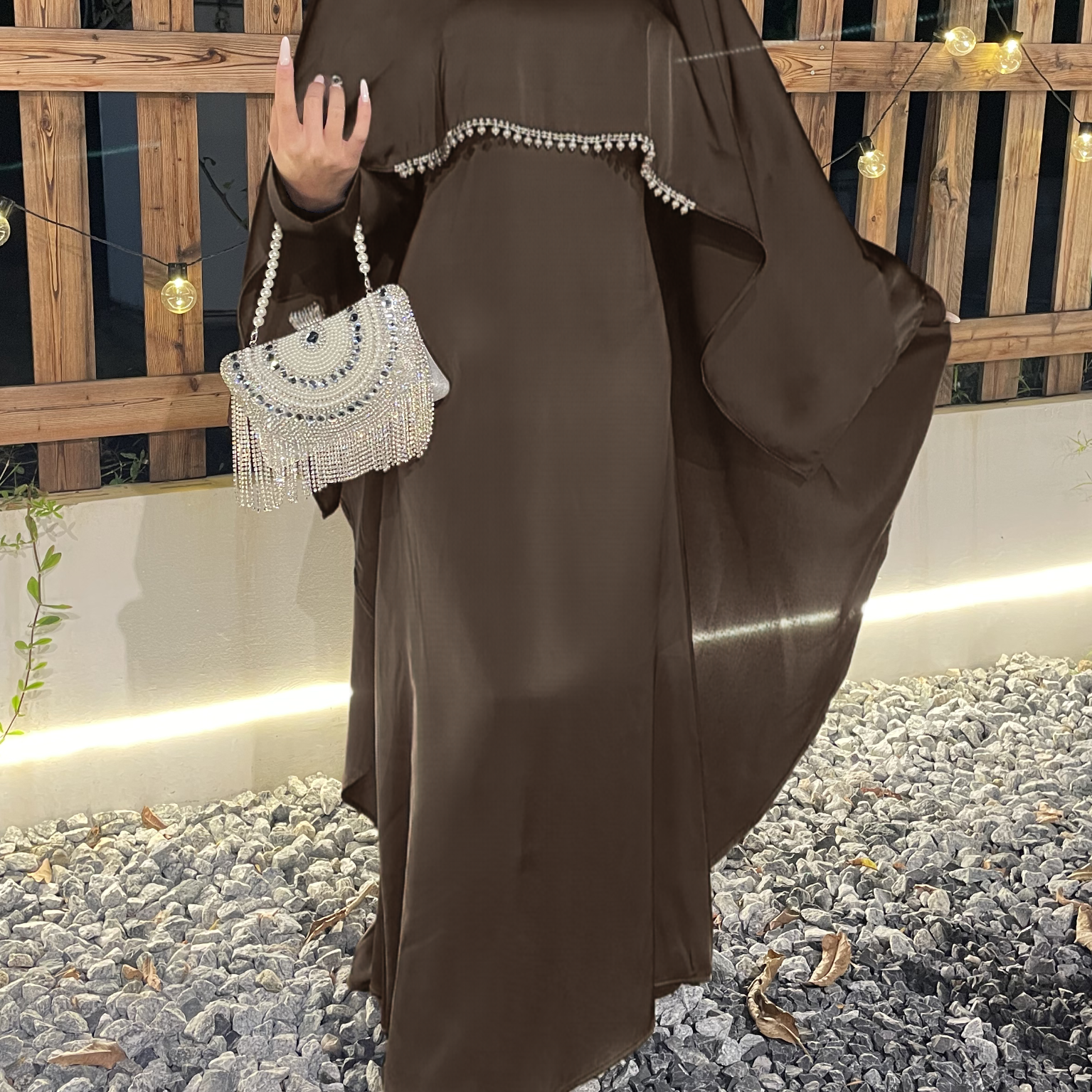 #CL43 Pearl & Crystal Butterfly Abaya ✦ Satin Cape Dress for Weddings & Evening Galas