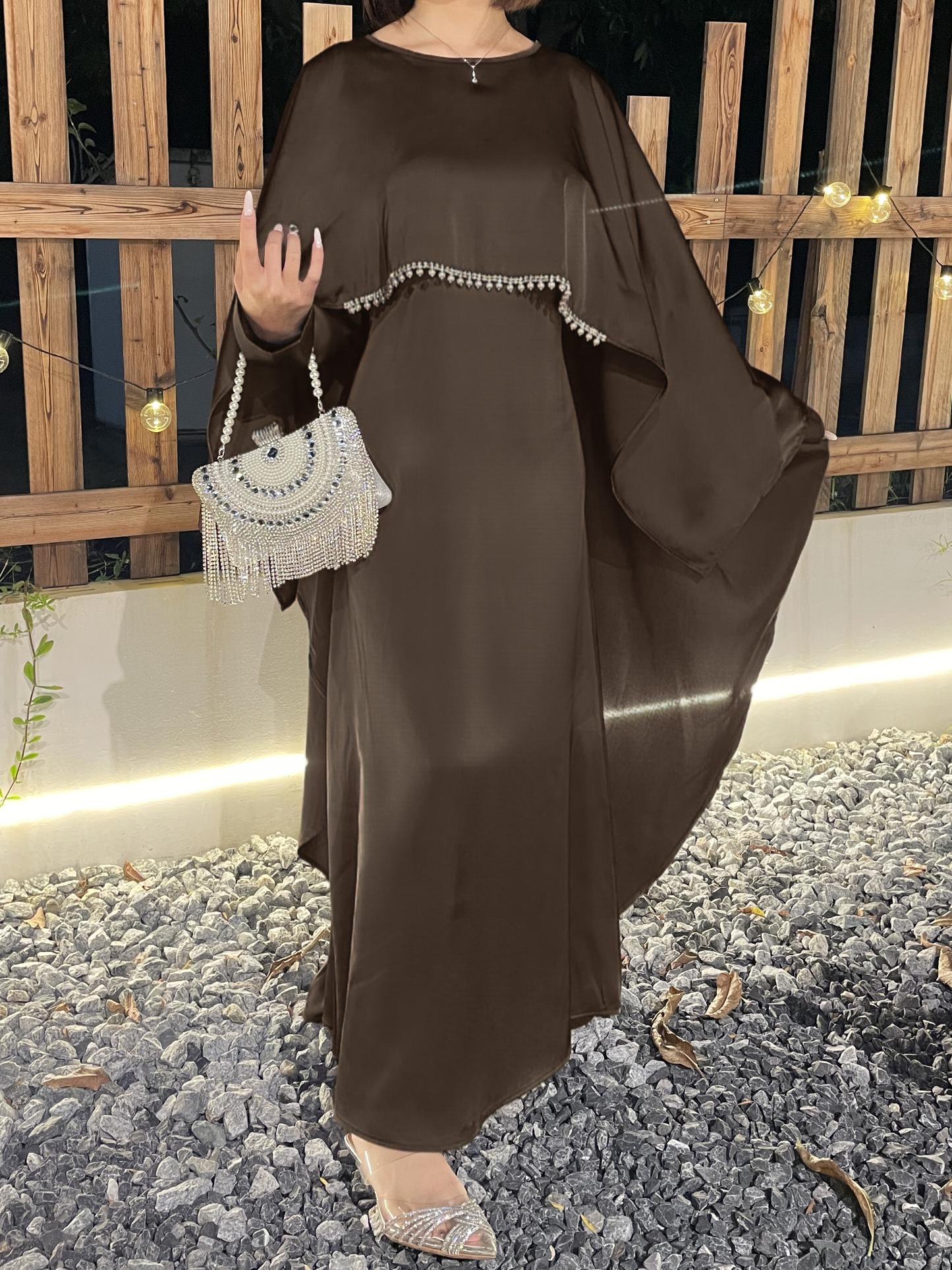 #CL43 Pearl & Crystal Butterfly Abaya ✦ Satin Cape Dress for Weddings & Evening Galas