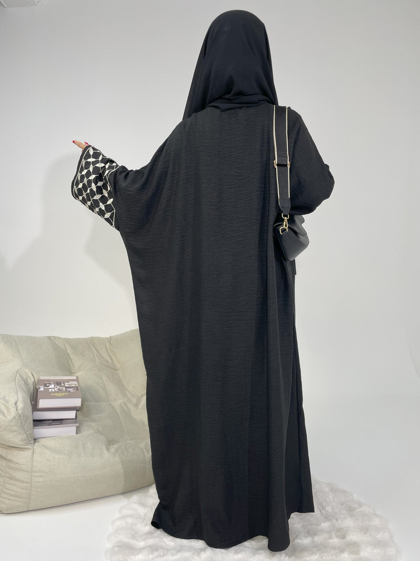 #CL47 Timeless V-Neck Abaya ✦ Embroidered Cuffs & Adjustable Belt for Multi-Occasion Modesty