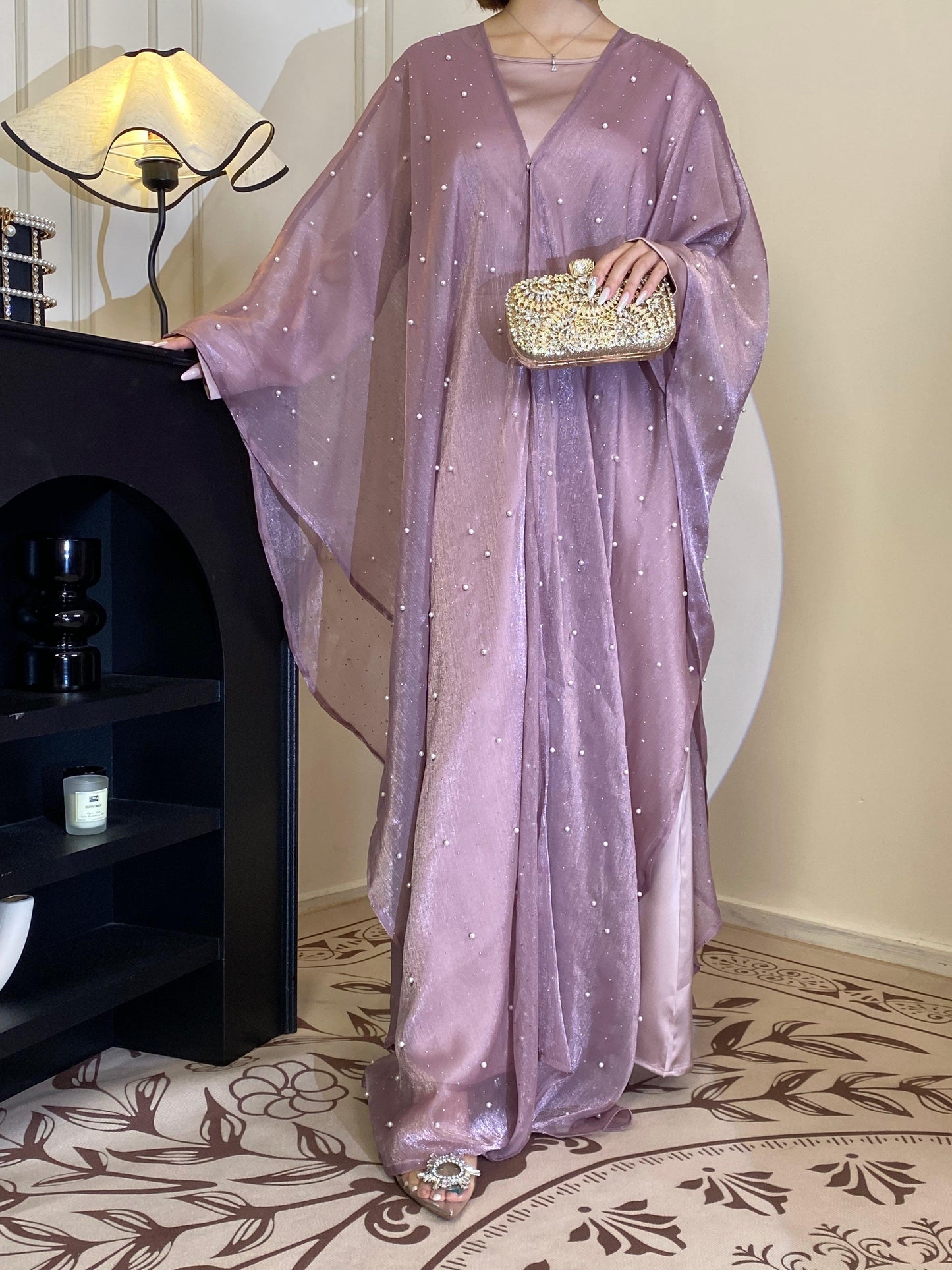 #CL01 Star Light Abaya, Shiny robe two-piece set, abaya cardigan and base layer dress