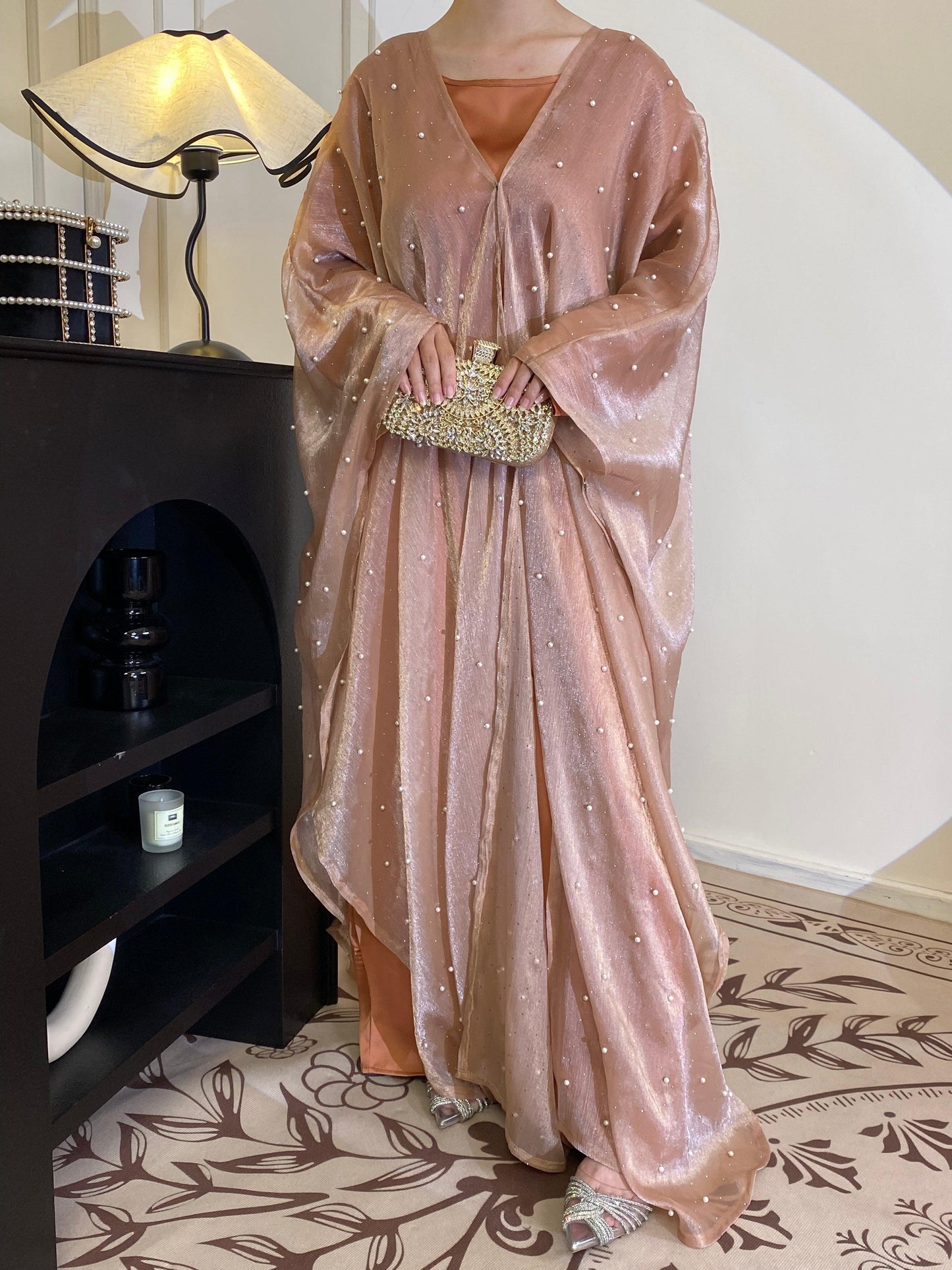 #CL01 Star Light Abaya, Shiny robe two-piece set, abaya cardigan and base layer dress