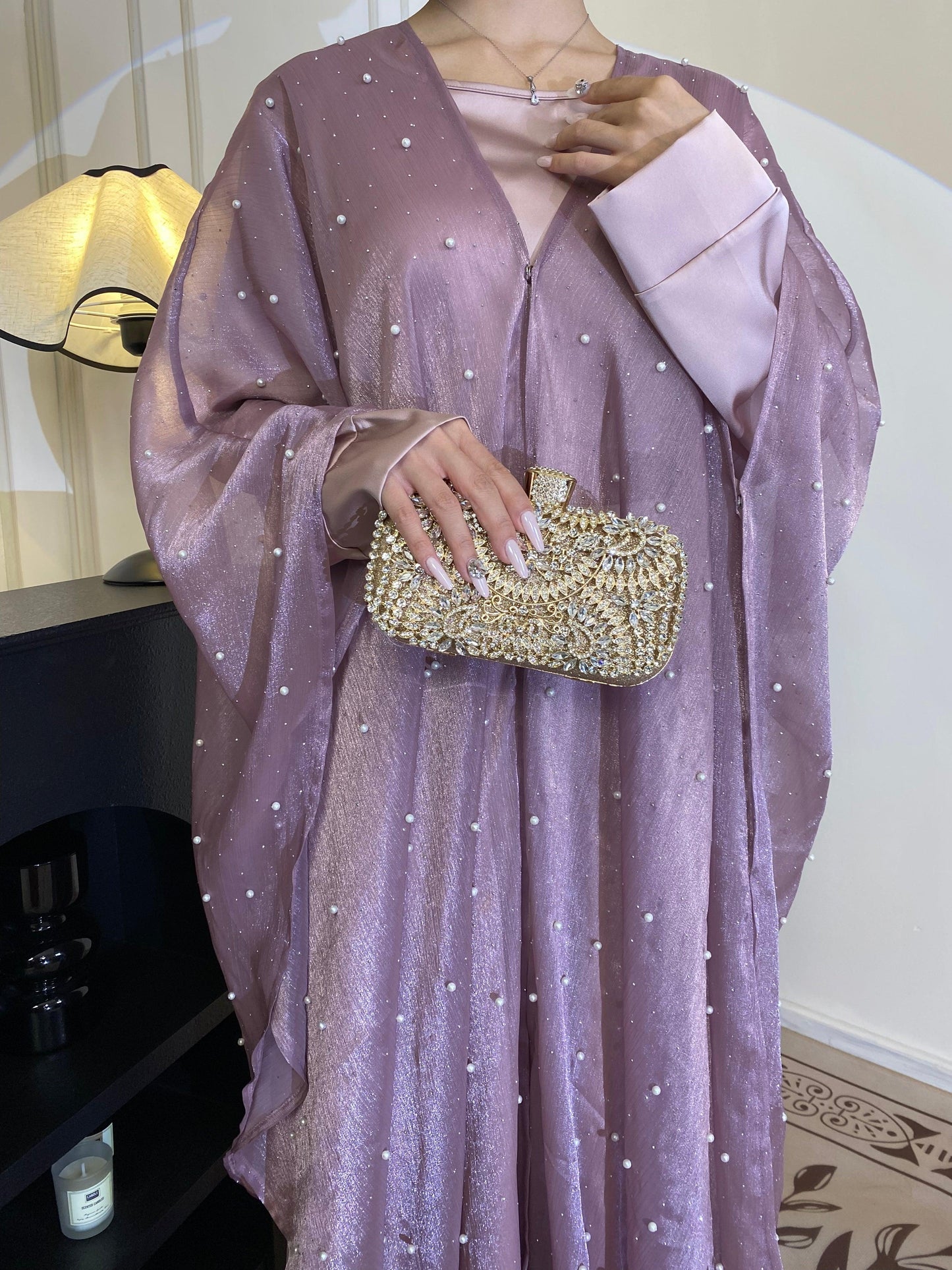 #CL01 Star Light Abaya, Shiny robe two-piece set, abaya cardigan and base layer dress