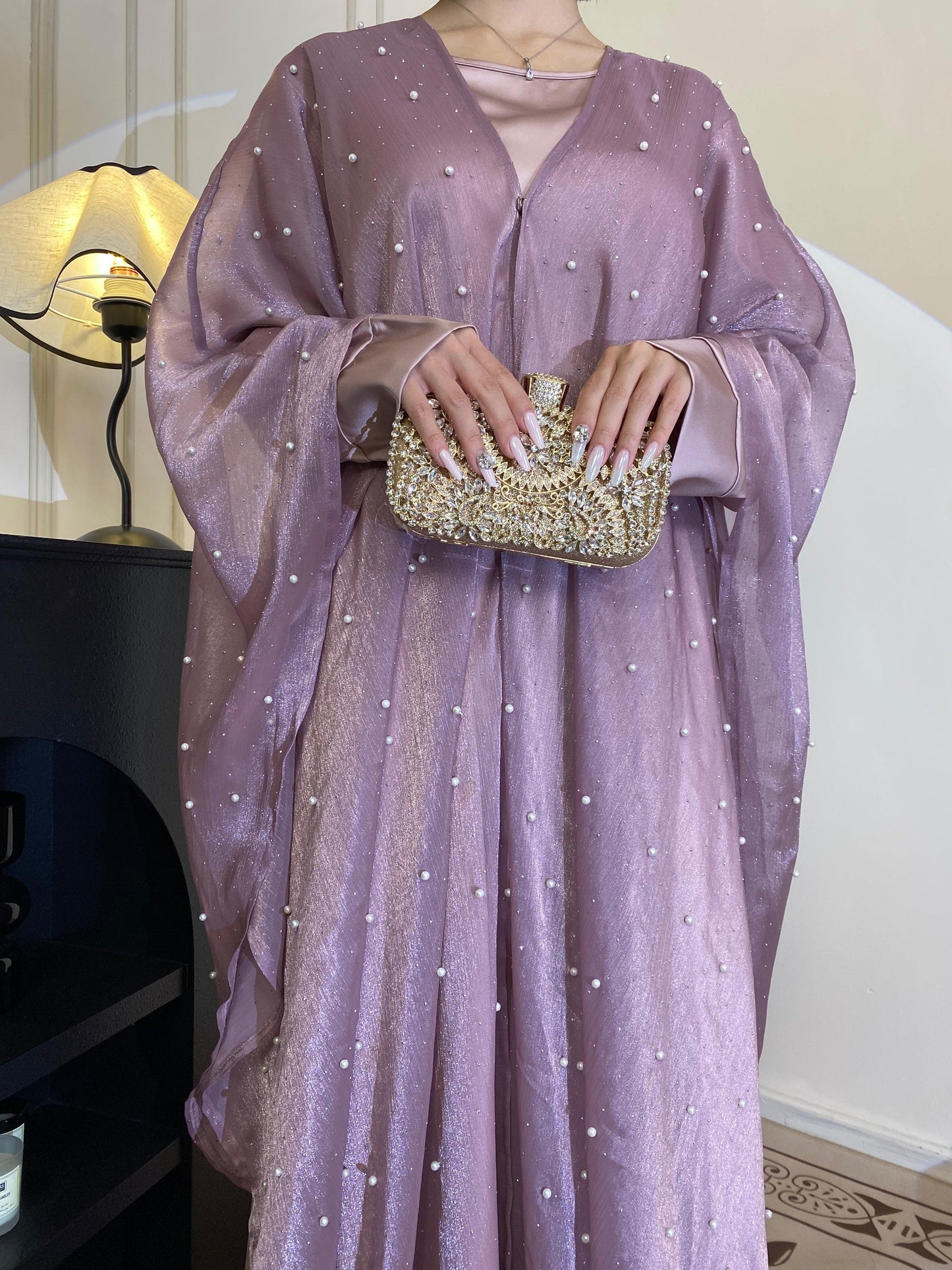 #CL01 Star Light Abaya, Shiny robe two-piece set, abaya cardigan and base layer dress