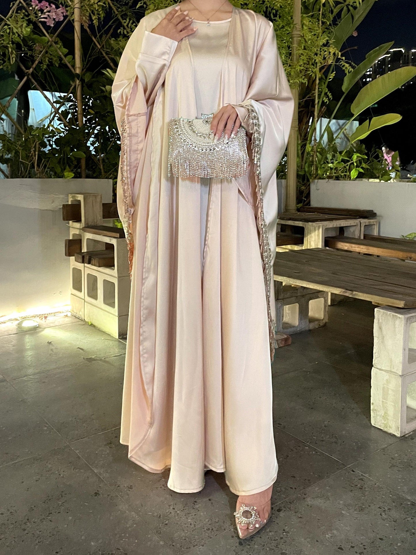#CL42 Butterfly Satin Taasel Set ✦ Convertible Abaya & Dress Duo for Day-to-Night Modesty