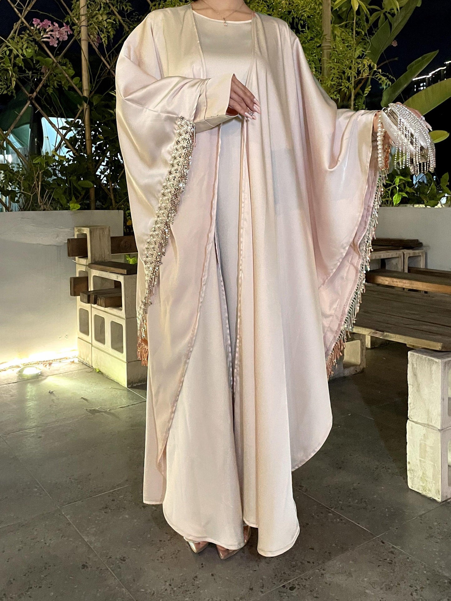 #CL42 Butterfly Satin Taasel Set ✦ Convertible Abaya & Dress Duo for Day-to-Night Modesty