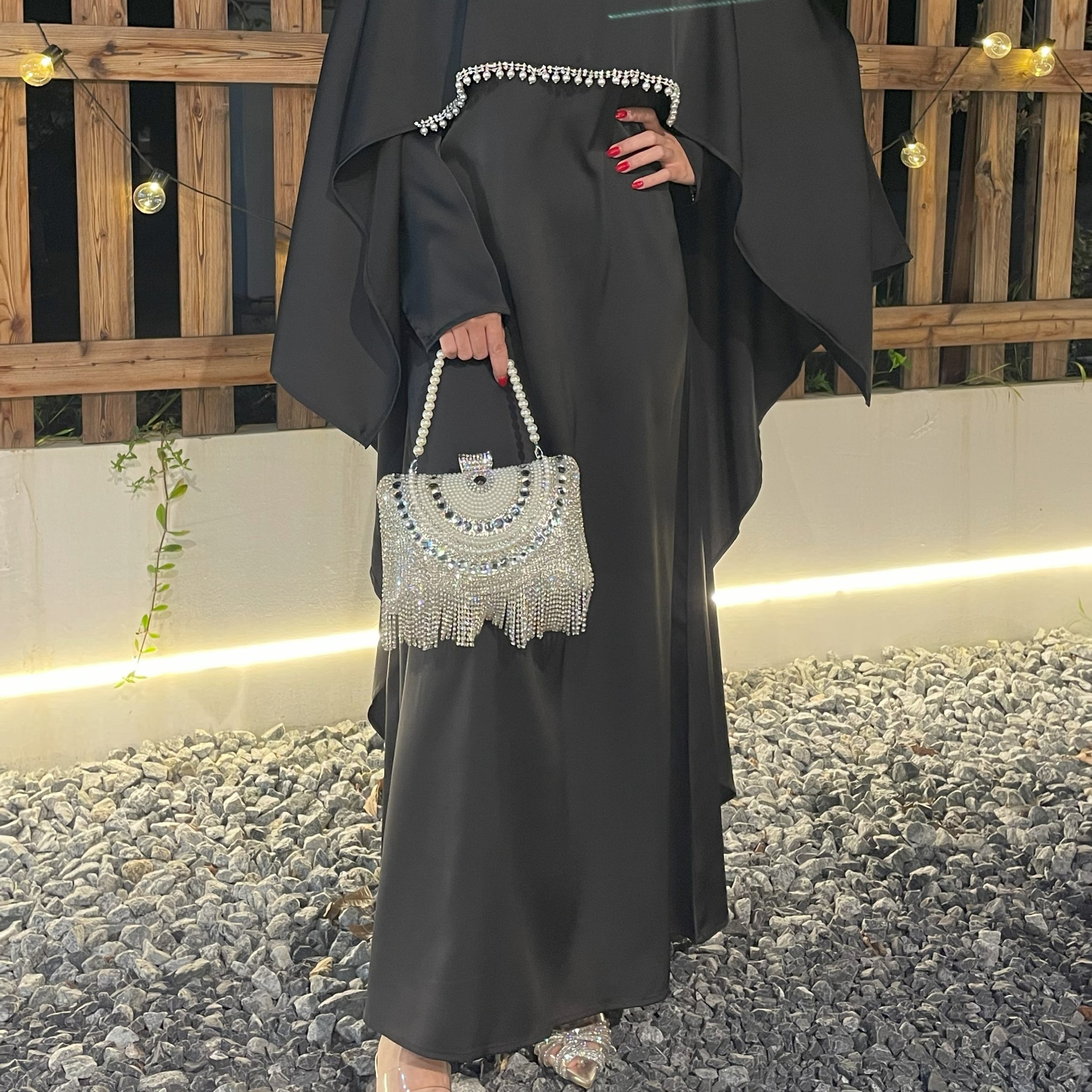 #CL43 Pearl & Crystal Butterfly Abaya ✦ Satin Cape Dress for Weddings & Evening Galas