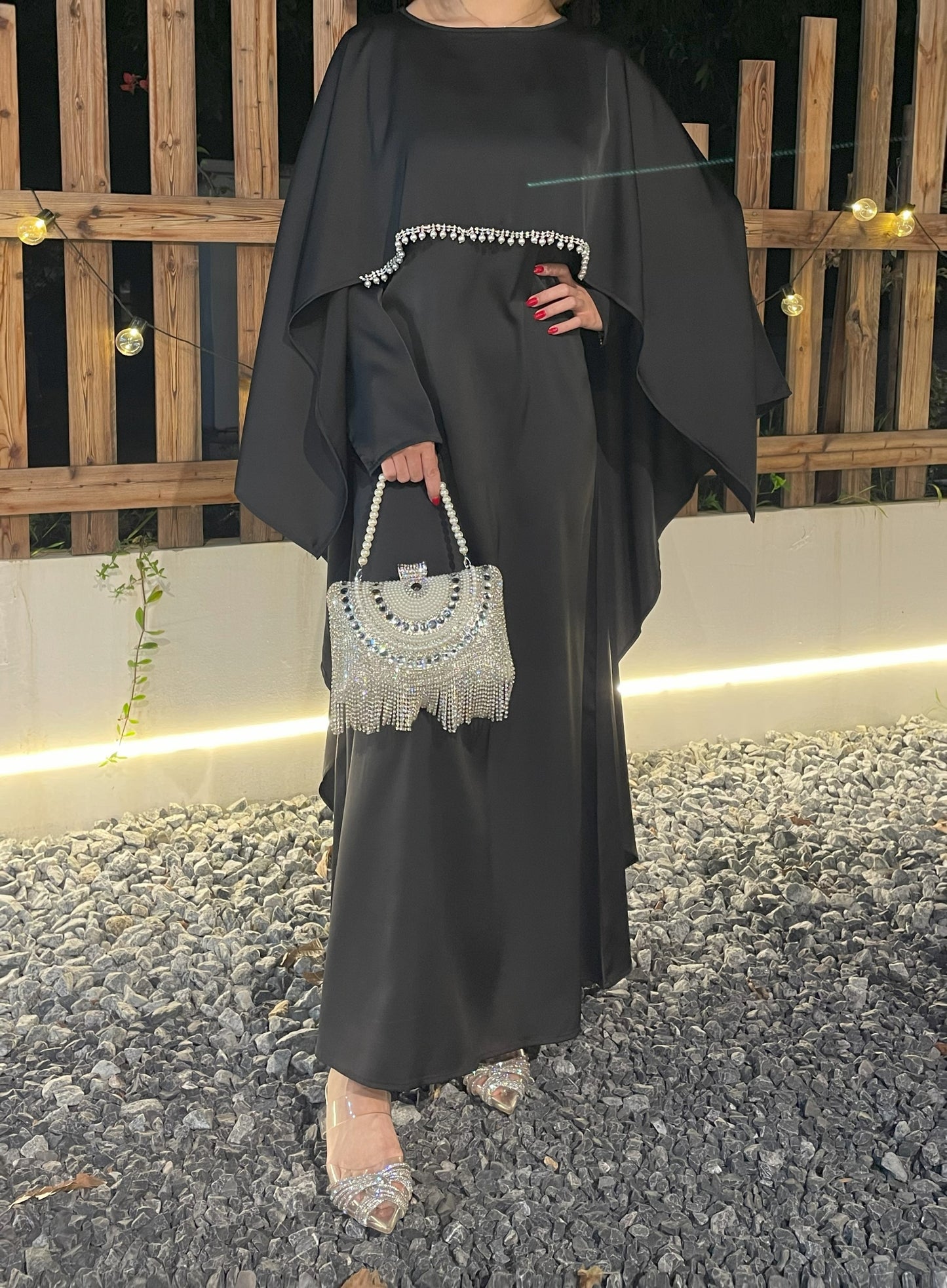 #CL43 Pearl & Crystal Butterfly Abaya ✦ Satin Cape Dress for Weddings & Evening Galas
