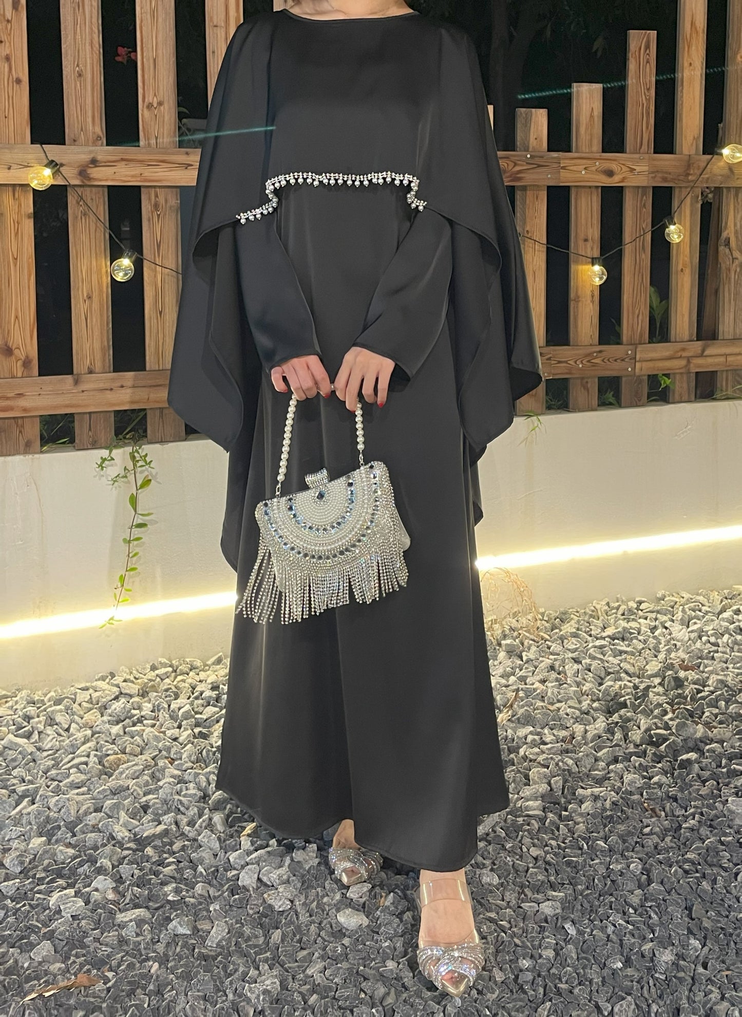 #CL43 Pearl & Crystal Butterfly Abaya ✦ Satin Cape Dress for Weddings & Evening Galas