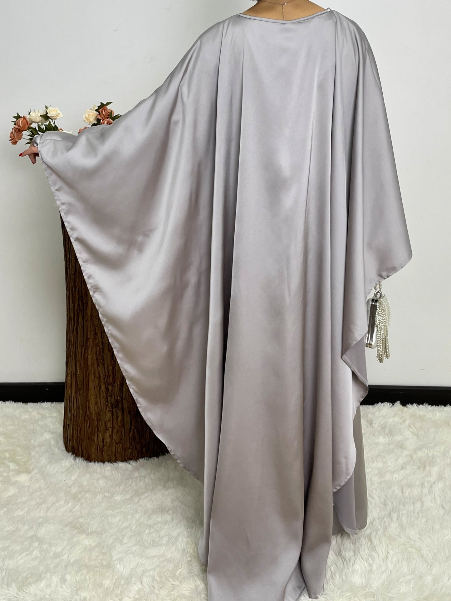 #CL43 Pearl & Crystal Butterfly Abaya ✦ Satin Cape Dress for Weddings & Evening Galas