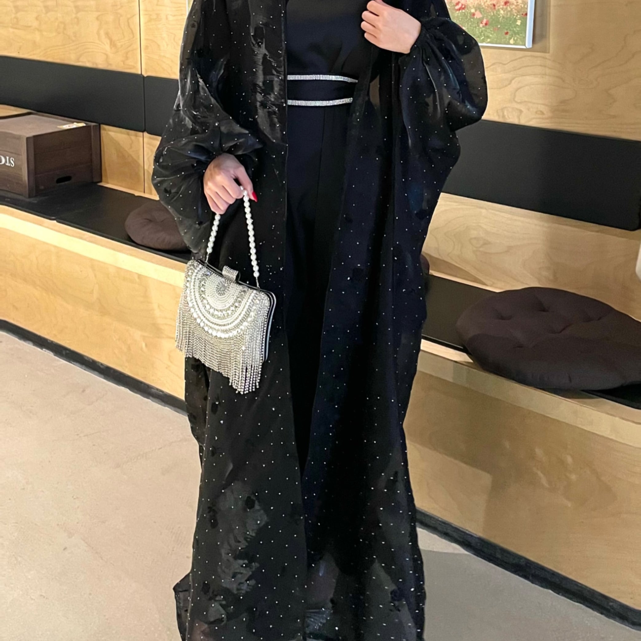 #CL44 Rose & Crystal Butterfly Abaya Set ✦ Organza Overdress with Embellished Belt & Slip