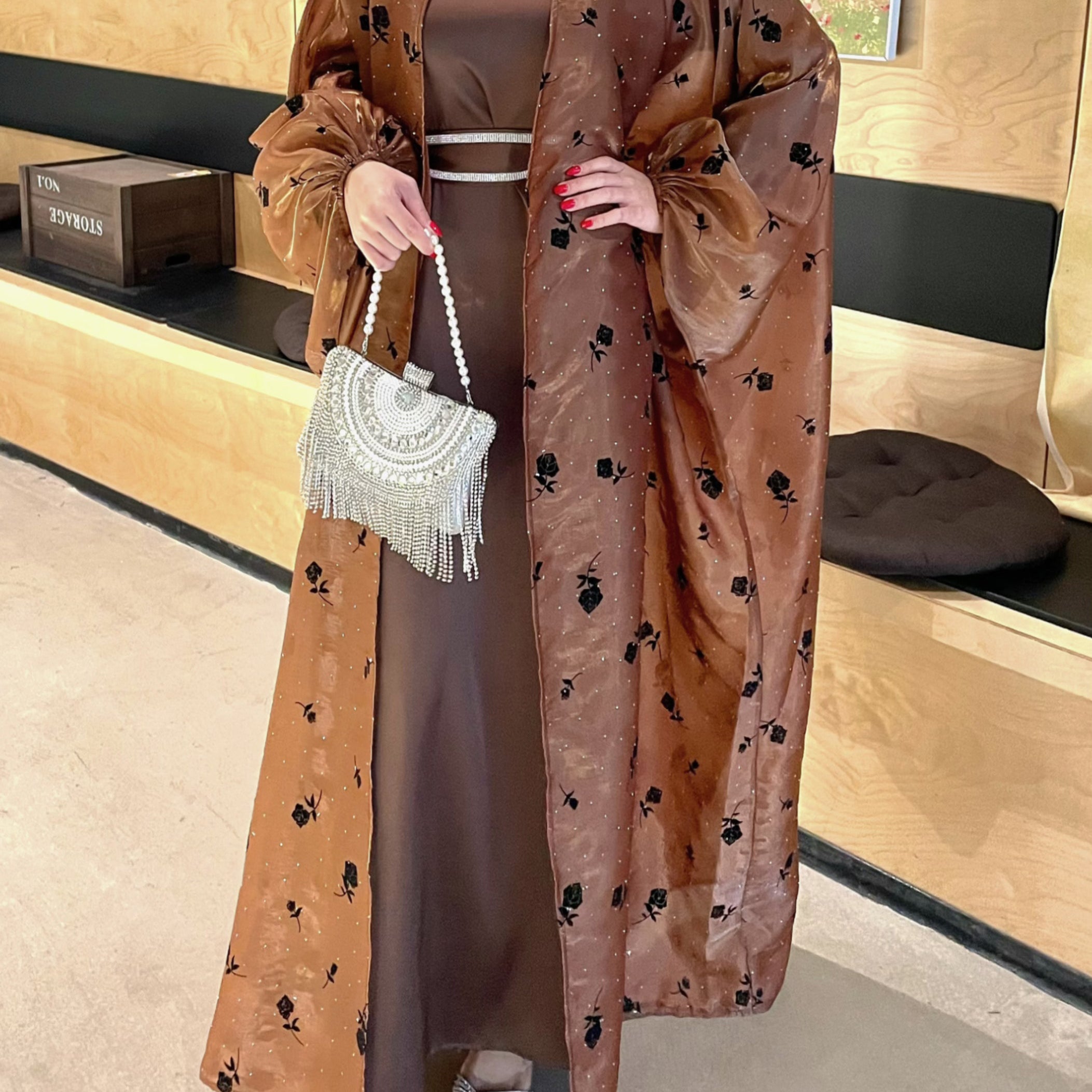 #CL44 Rose & Crystal Butterfly Abaya Set ✦ Organza Overdress with Embellished Belt & Slip