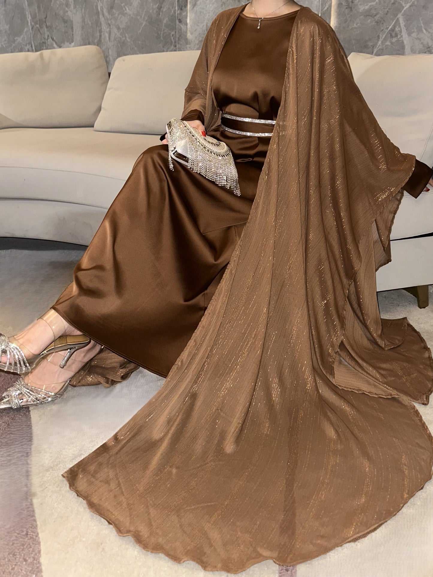 #CL51 Luxe Gold-Thread Abaya Set ✦ Shimmer Cardigan & Loose Abaya Duo for Day-to-Night Modesty