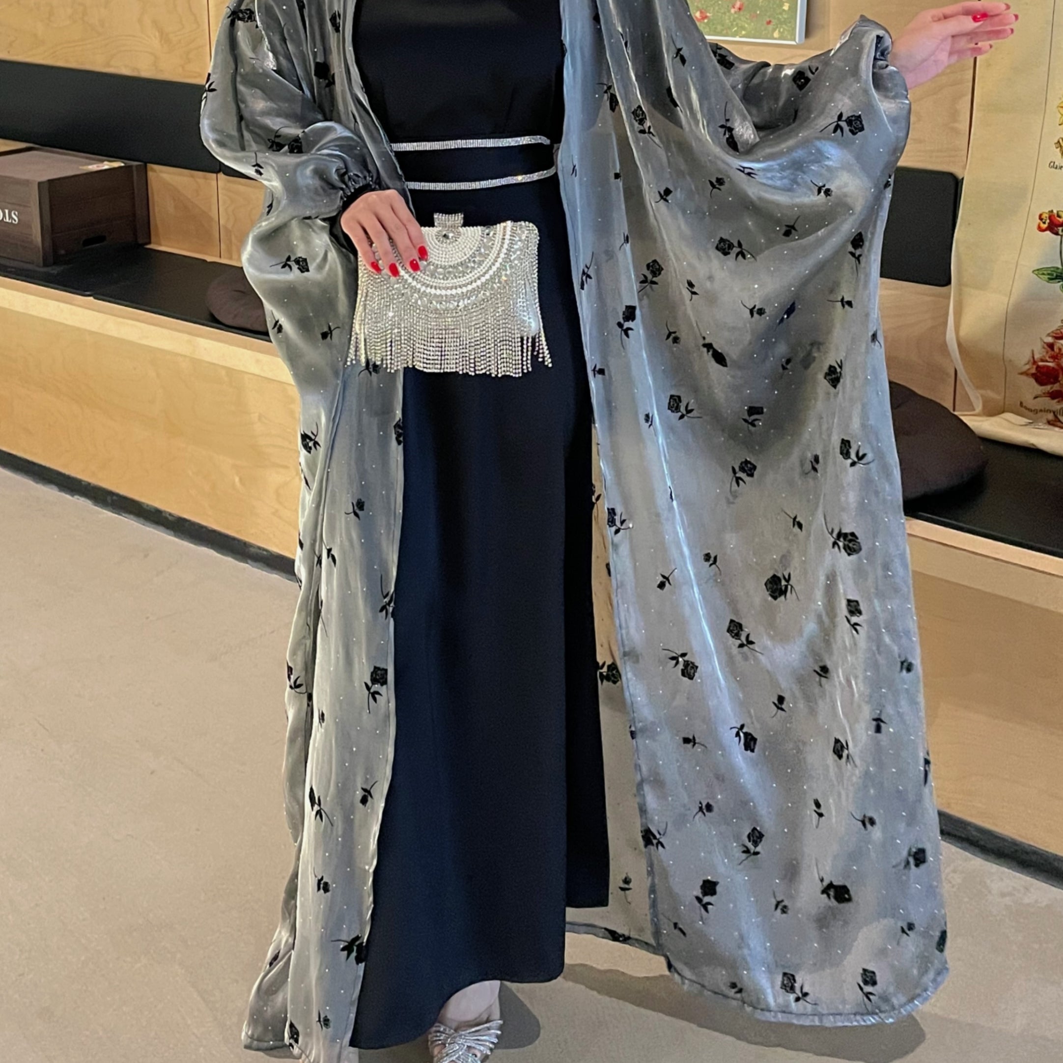 #CL44 Rose & Crystal Butterfly Abaya Set ✦ Organza Overdress with Embellished Belt & Slip