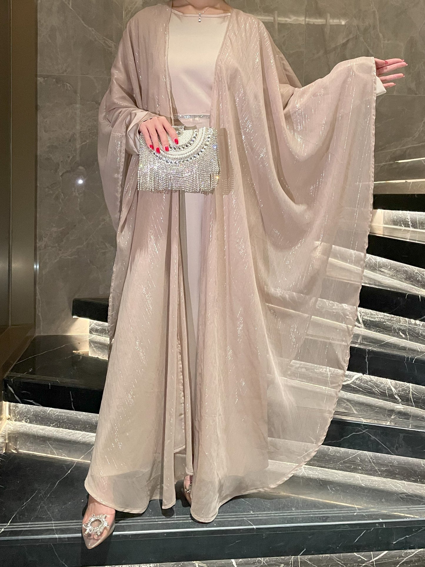 #CL51 Luxe Gold-Thread Abaya Set ✦ Shimmer Cardigan & Loose Abaya Duo for Day-to-Night Modesty