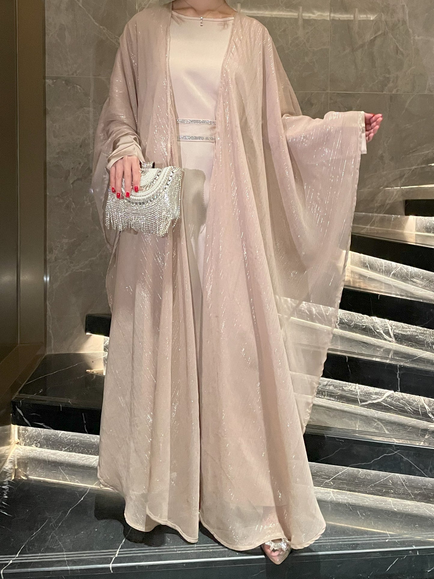 #CL51 Luxe Gold-Thread Abaya Set ✦ Shimmer Cardigan & Loose Abaya Duo for Day-to-Night Modesty