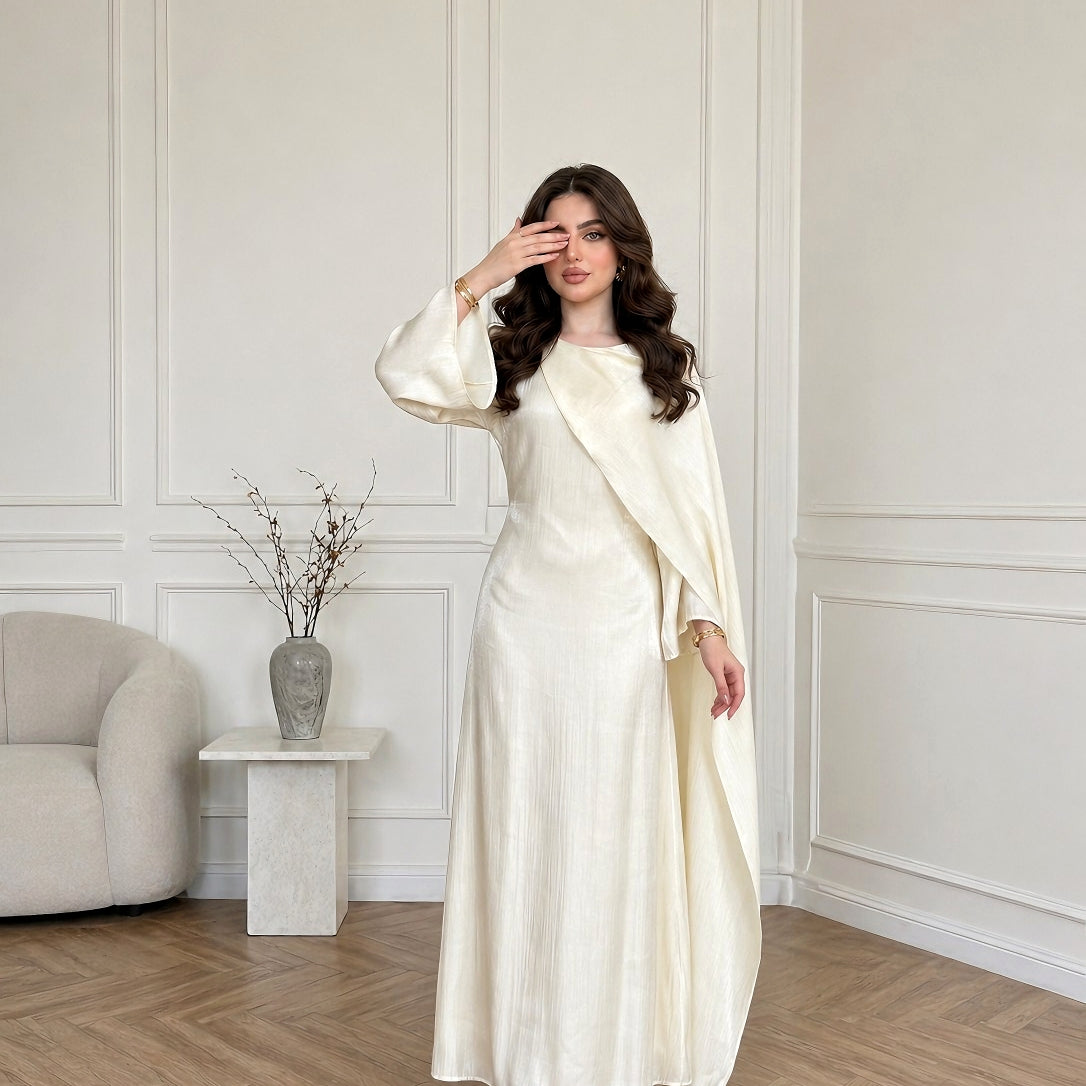 CL75 Lightweight Glistening Asymmetric Cape Maxi Dress & Gold Belt | Subtle Metallic Glimmer Draped Silhouette with Flared Sleeves | Elegant Breezy A-Line Long CL75Dress for Resort & Occasions | Comfortable Shimmering Gown Womenswear Workwear Party