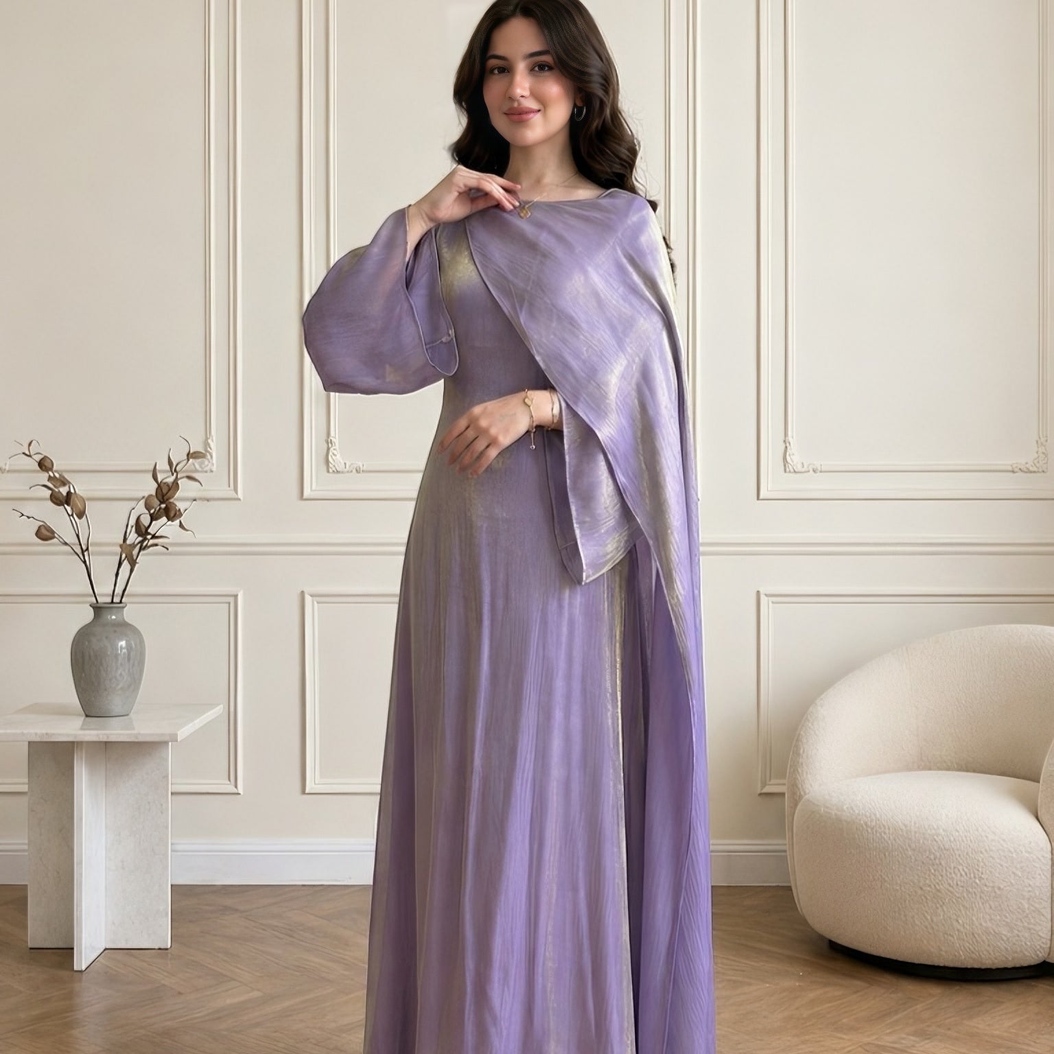 CL75 Lightweight Glistening Asymmetric Cape Maxi Dress & Gold Belt | Subtle Metallic Glimmer Draped Silhouette with Flared Sleeves | Elegant Breezy A-Line Long CL75Dress for Resort & Occasions | Comfortable Shimmering Gown Womenswear Workwear Party