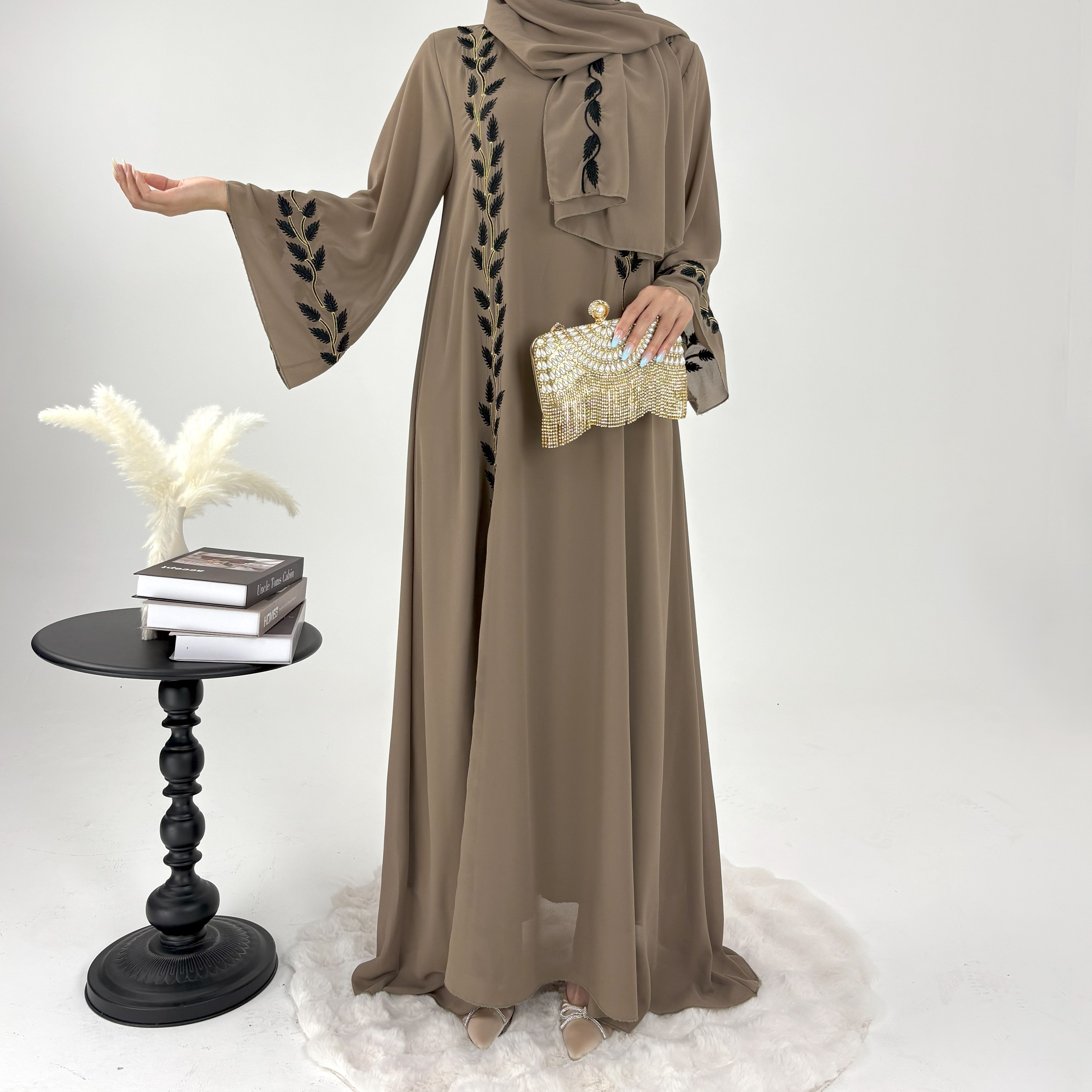#CL14 Luxury Hand-Embroidered Leaf Abaya Set | 2-Piece Chiffon Hijab Dress in 4 Colors (S-2XL)