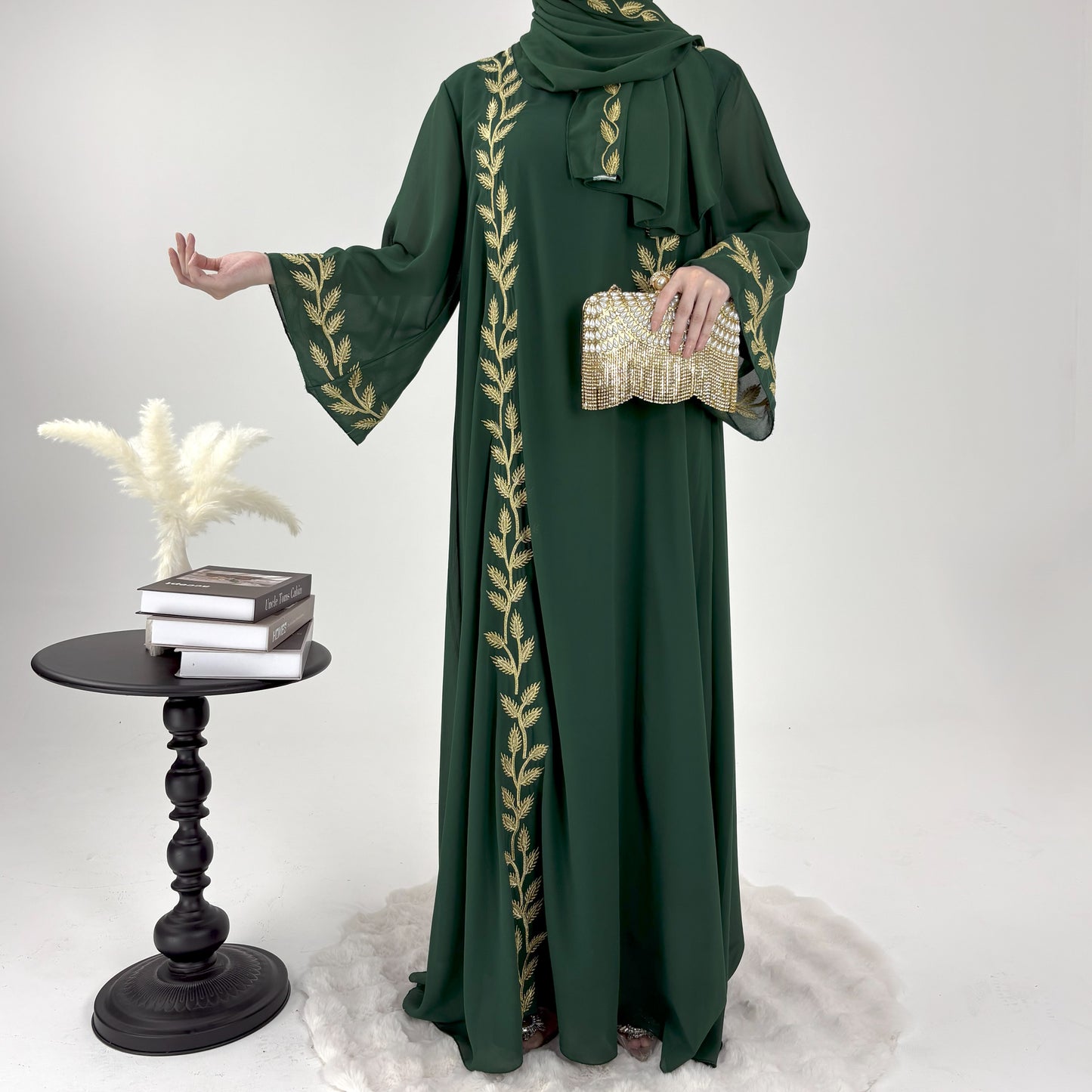 #CL14 Luxury Hand-Embroidered Leaf Abaya Set | 2-Piece Chiffon Hijab Dress in 4 Colors (S-2XL)