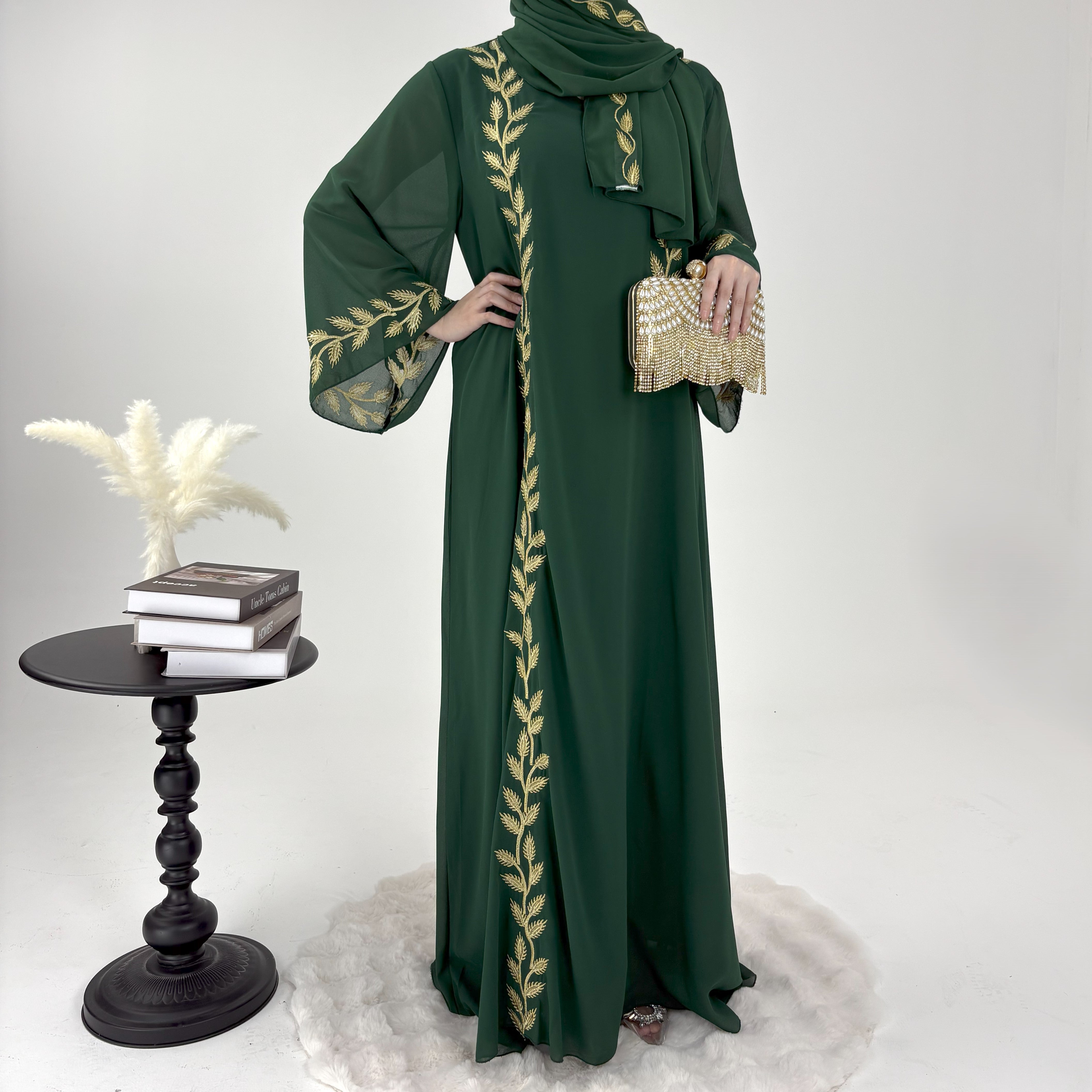 #CL14 Luxury Hand-Embroidered Leaf Abaya Set | 2-Piece Chiffon Hijab Dress in 4 Colors (S-2XL)