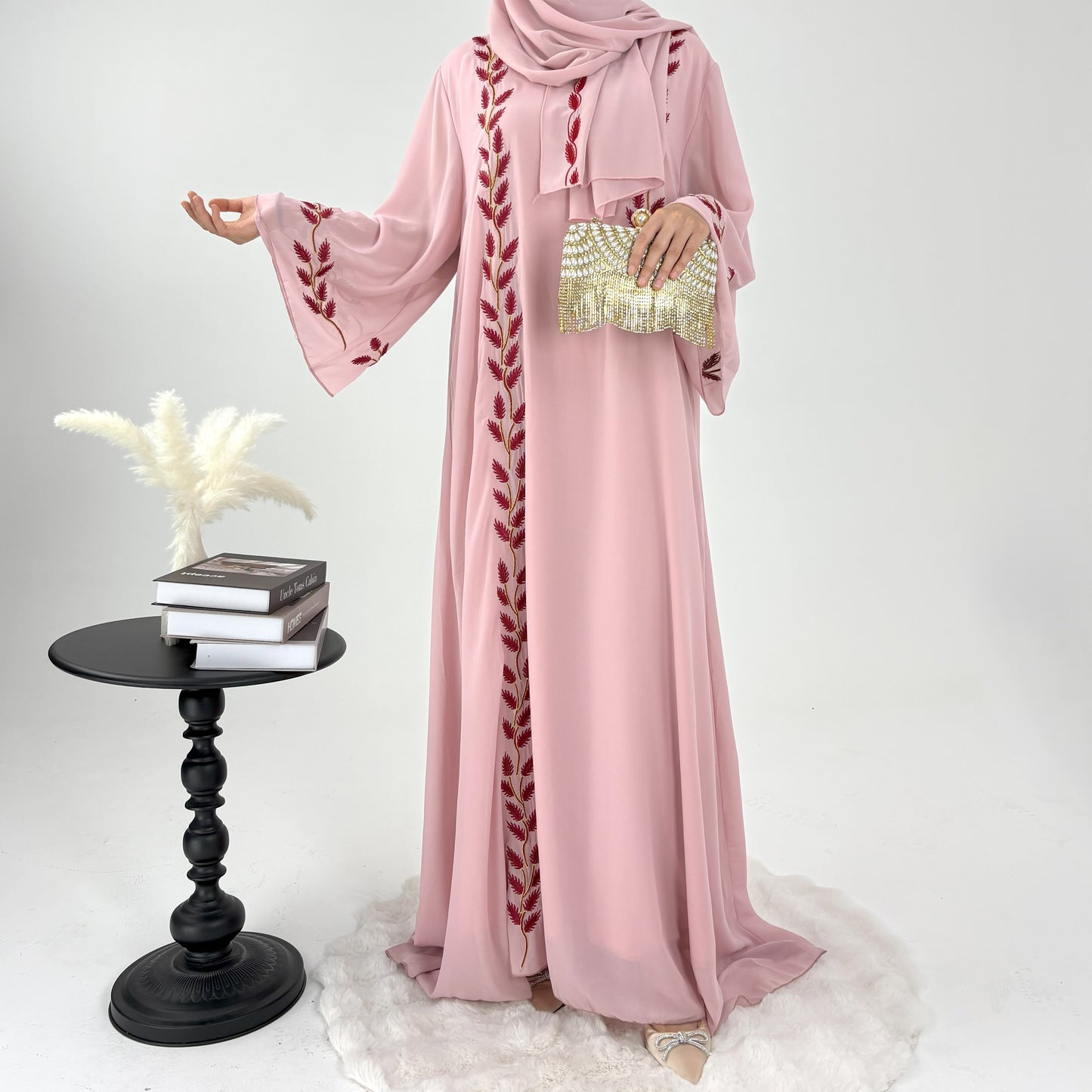 #CL14 Luxury Hand-Embroidered Leaf Abaya Set | 2-Piece Chiffon Hijab Dress in 4 Colors (S-2XL)