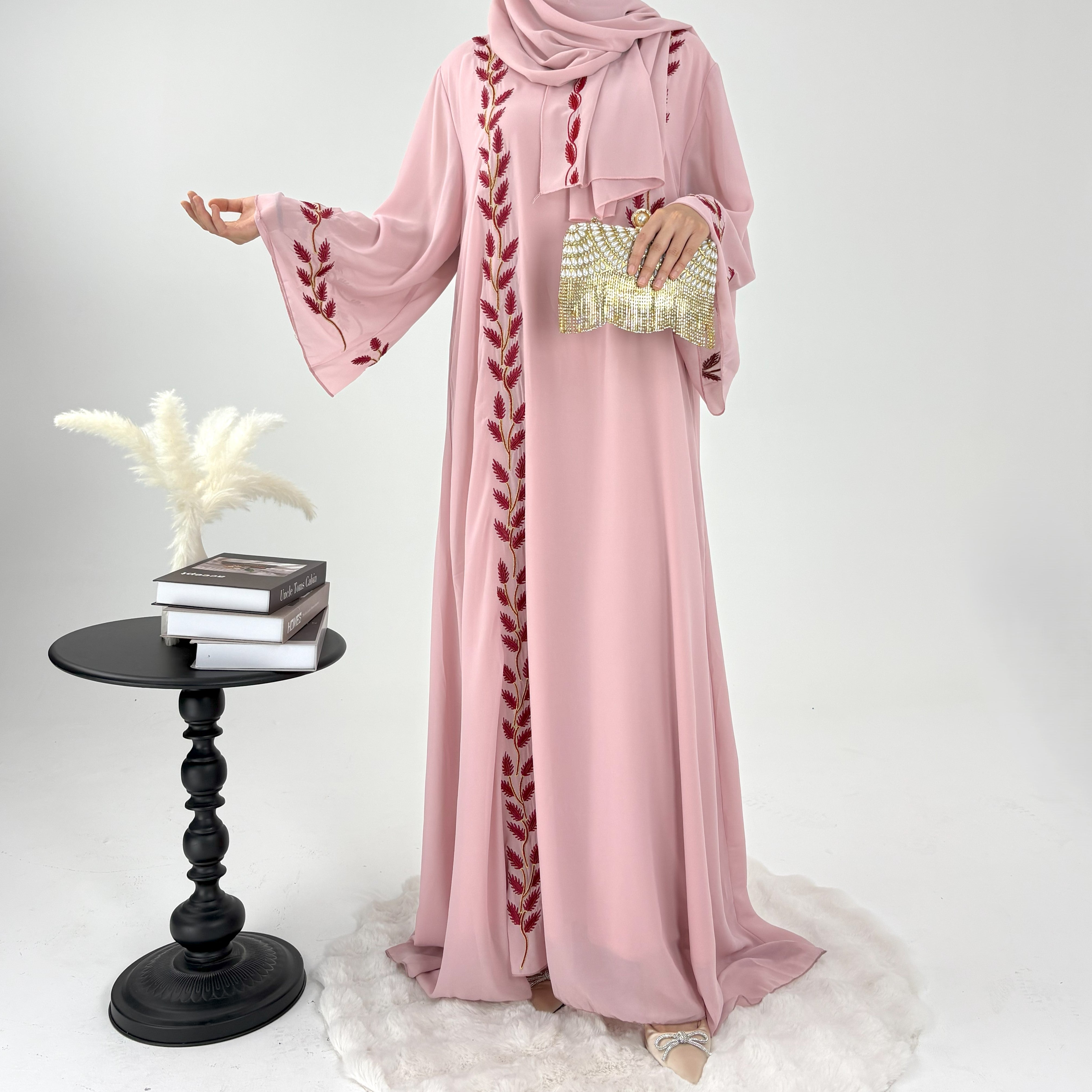 #CL14 Luxury Hand-Embroidered Leaf Abaya Set | 2-Piece Chiffon Hijab Dress in 4 Colors (S-2XL)