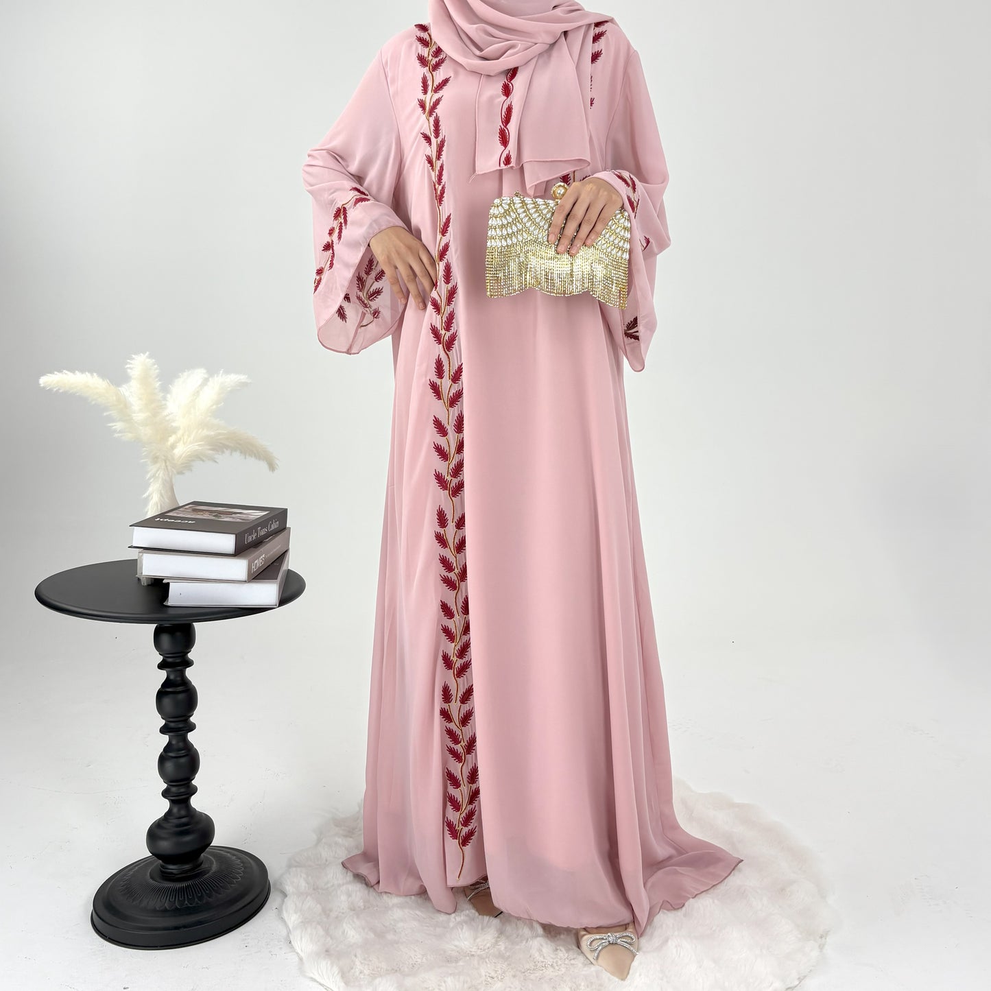 #CL14 Luxury Hand-Embroidered Leaf Abaya Set | 2-Piece Chiffon Hijab Dress in 4 Colors (S-2XL)