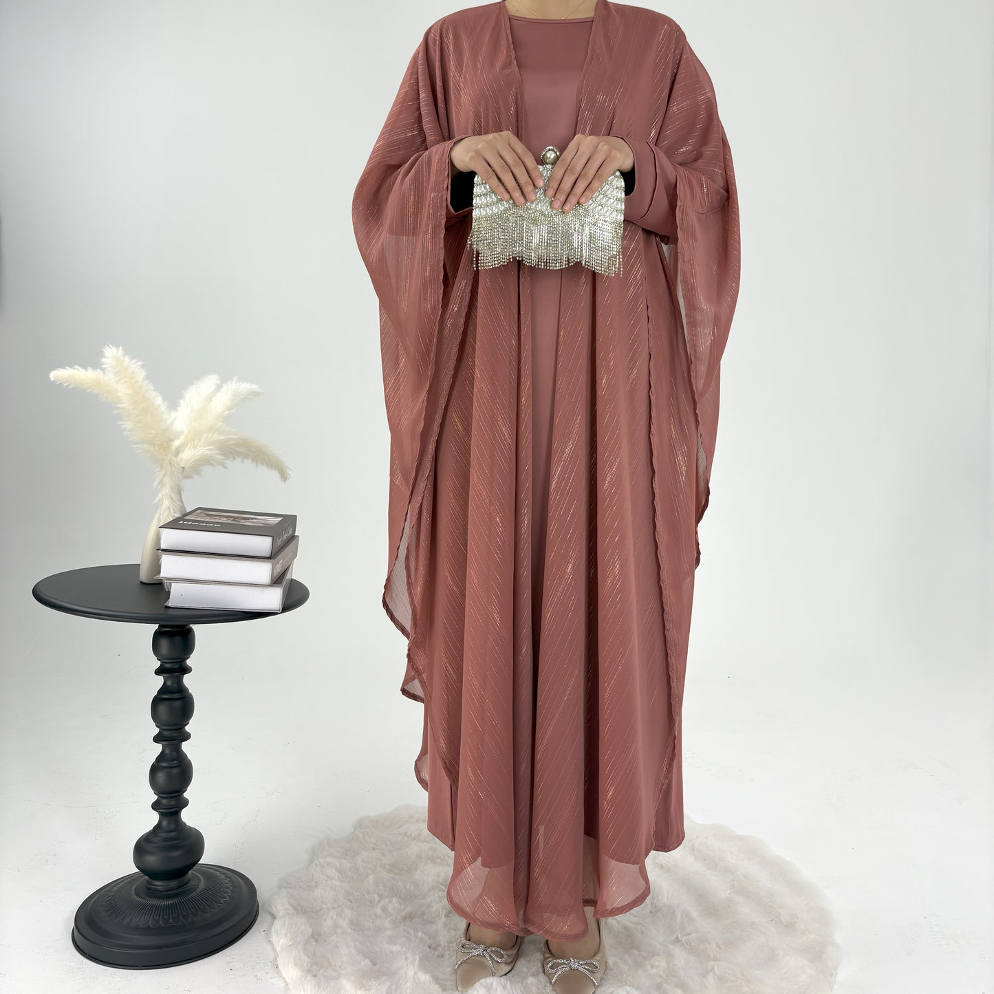#CL51 Luxe Gold-Thread Abaya Set ✦ Shimmer Cardigan & Loose Abaya Duo for Day-to-Night Modesty