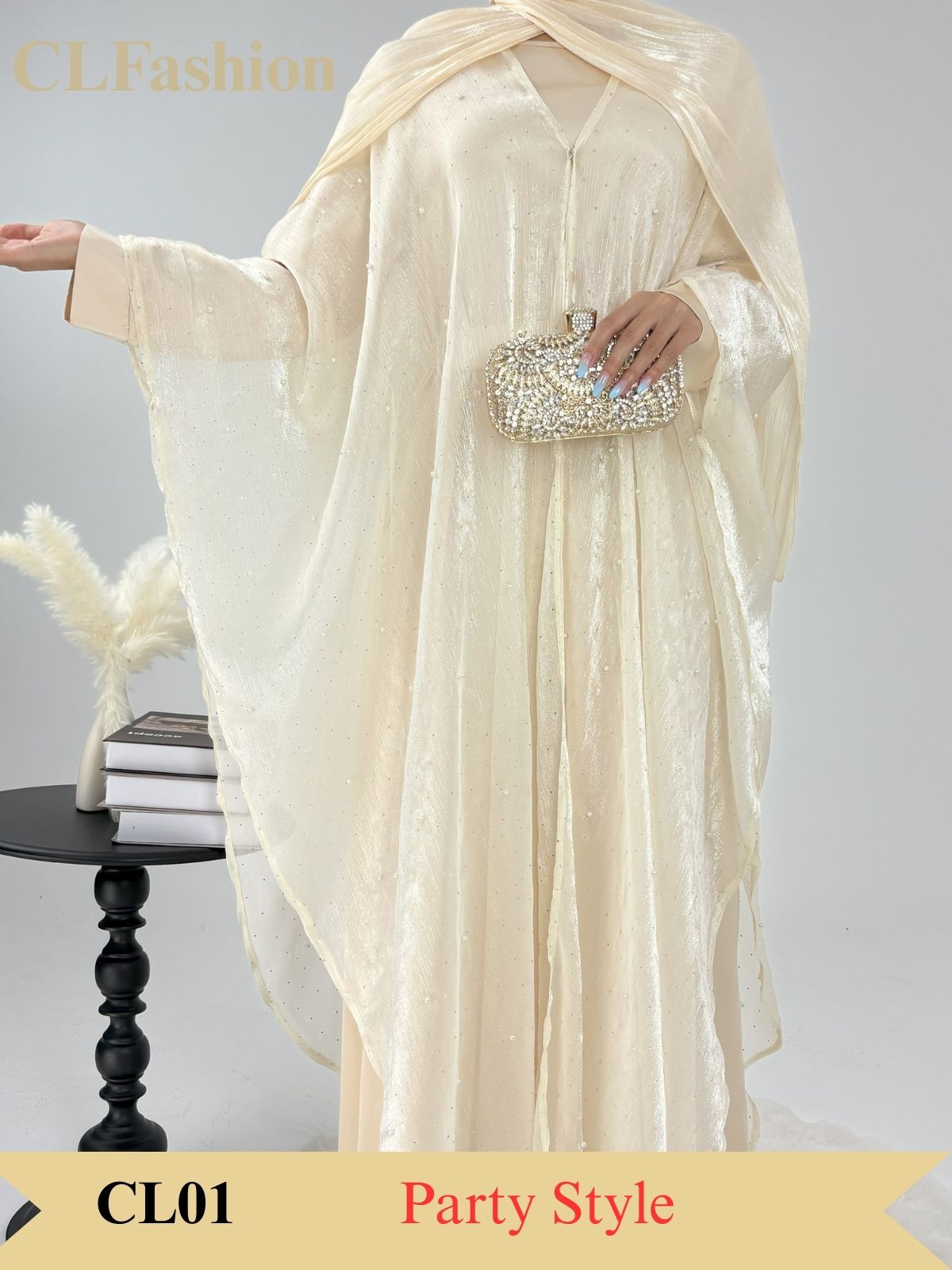 #CL01 Star Light Abaya, Shiny robe two-piece set, abaya cardigan and base layer dress