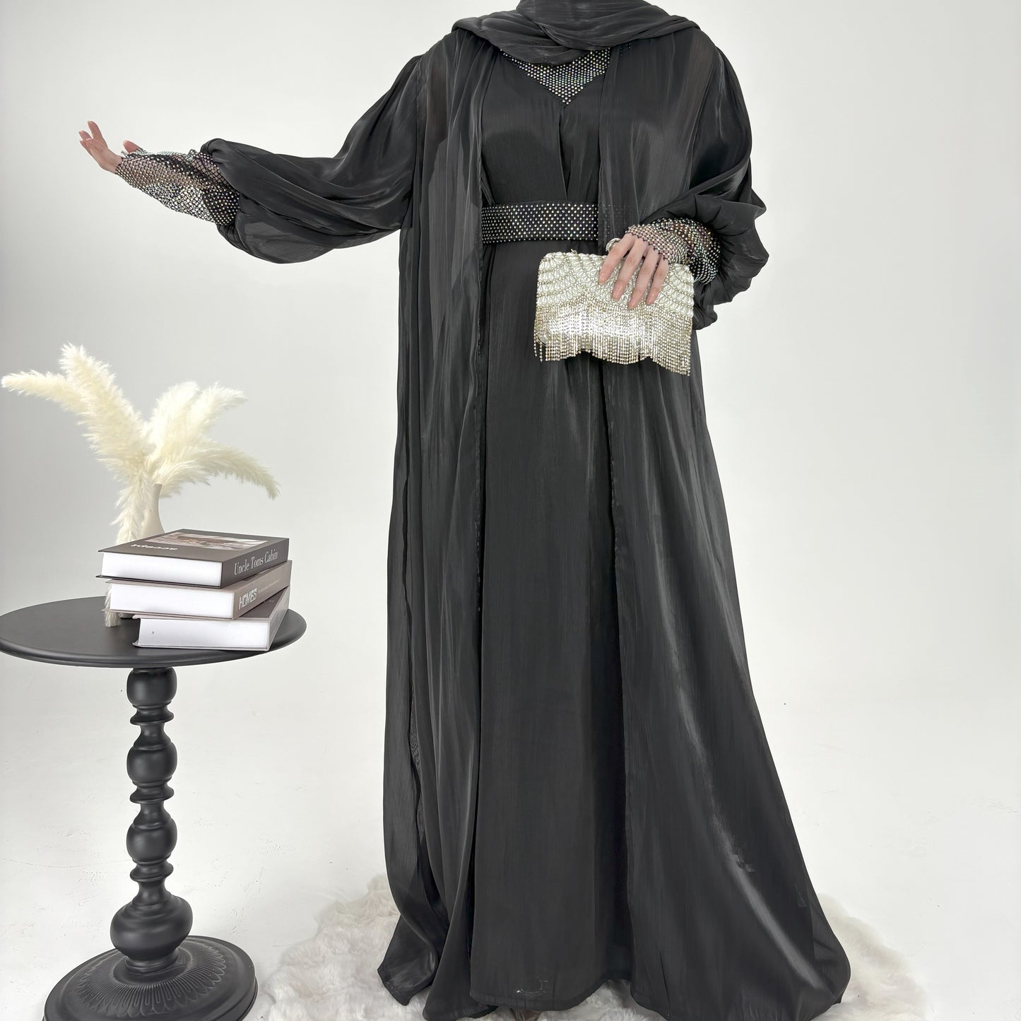#CL04 Luxury 4-Piece Abaya Set | Shiny Mesh Chiffon Kaftan Dress with Scarf ✦ Modest Islamic Fashion