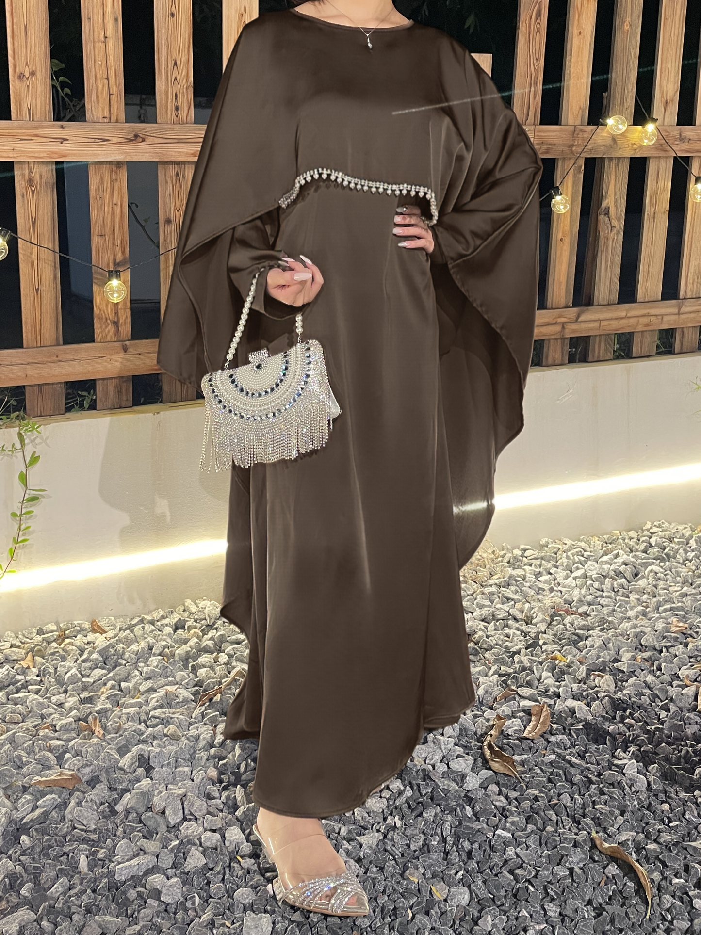 #CL43 Pearl & Crystal Butterfly Abaya ✦ Satin Cape Dress for Weddings & Evening Galas