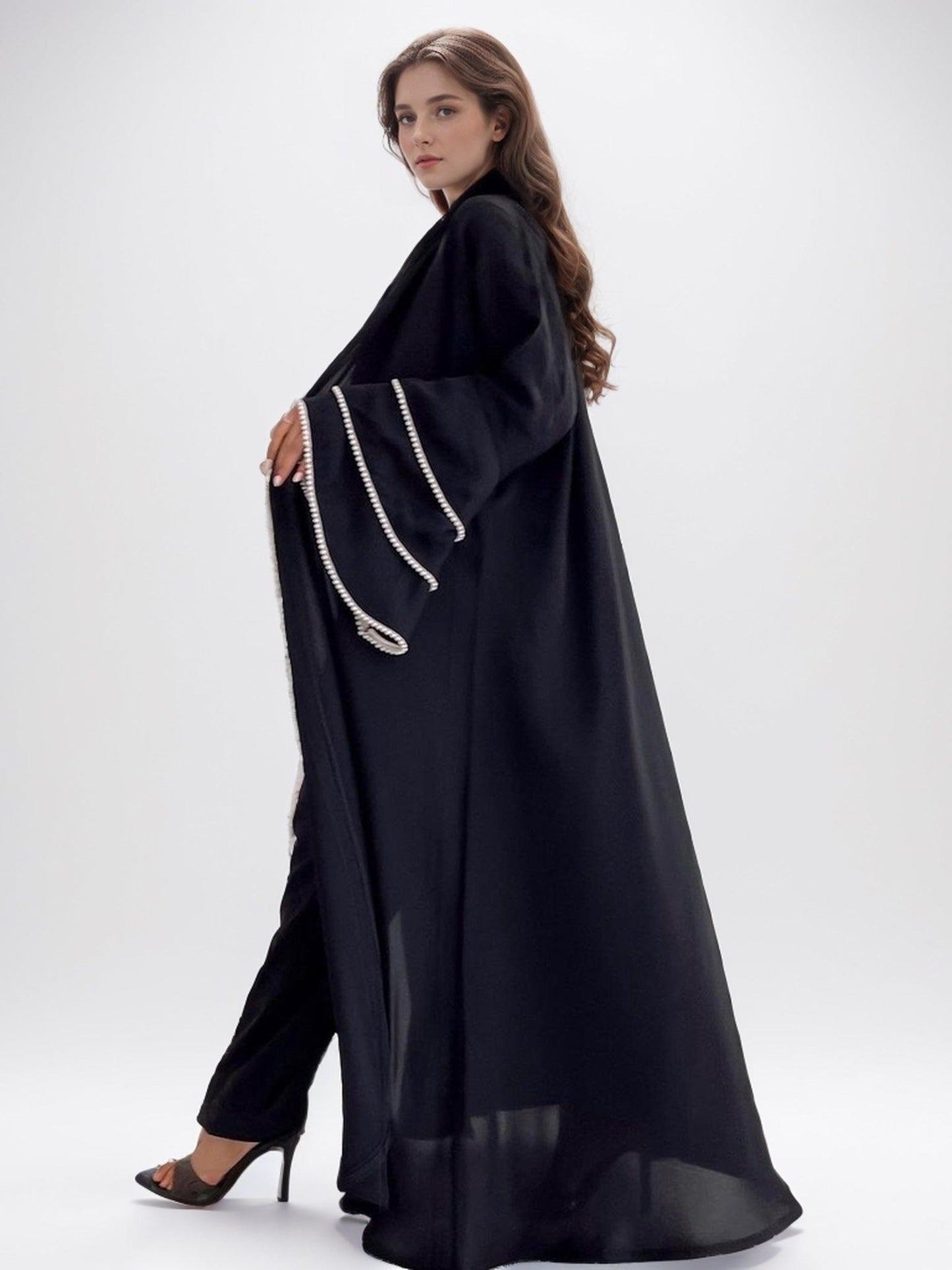 #CL11 Luxury Pearl-Sleeve Abaya ✦ Handcrafted Muslim Dress for Weddings & Eid Celebrations