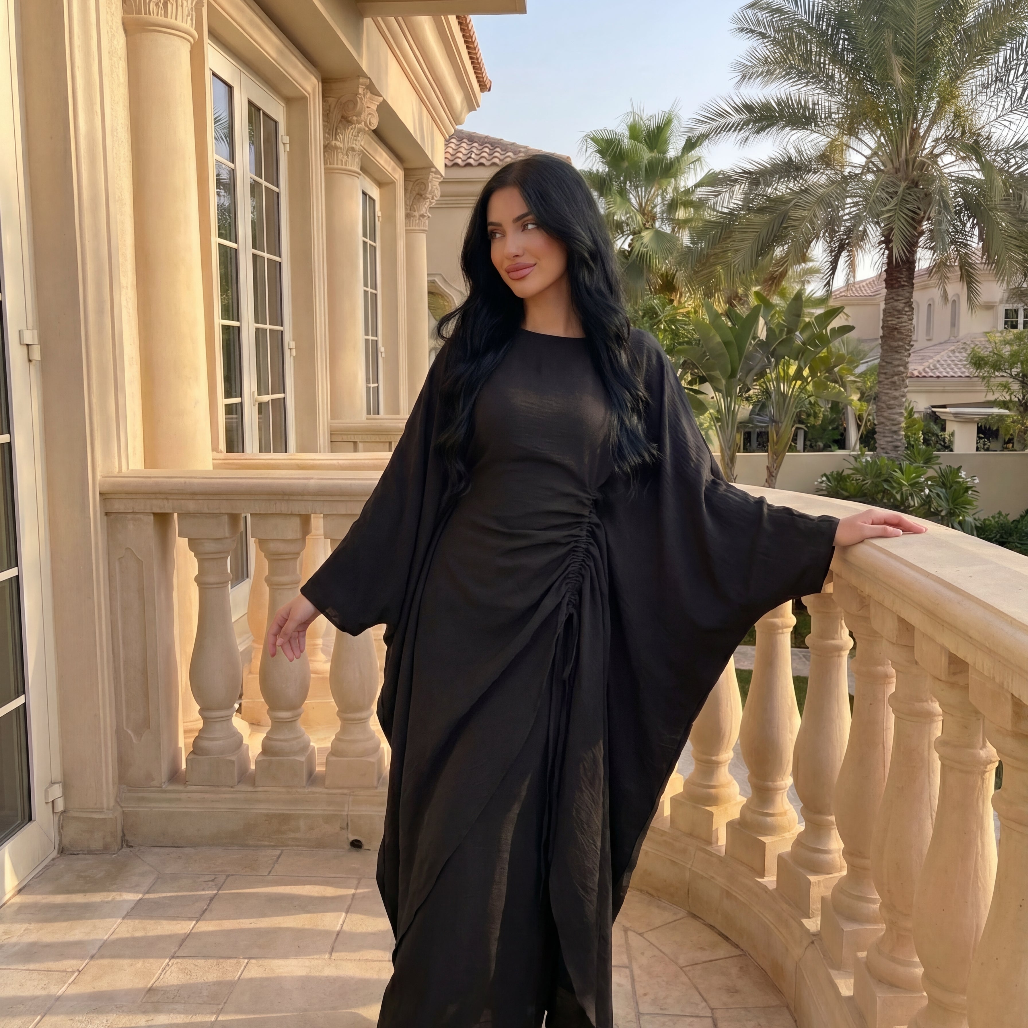 CL76 Elegantes Kaftan-Hosen-Kleid-Set für Damen, Luxuriöses, locker sitzendes Oberteil mit Fledermausärmeln und weitem Bein, modisches Outfit, integrierter verstellbarer Taillengürtel