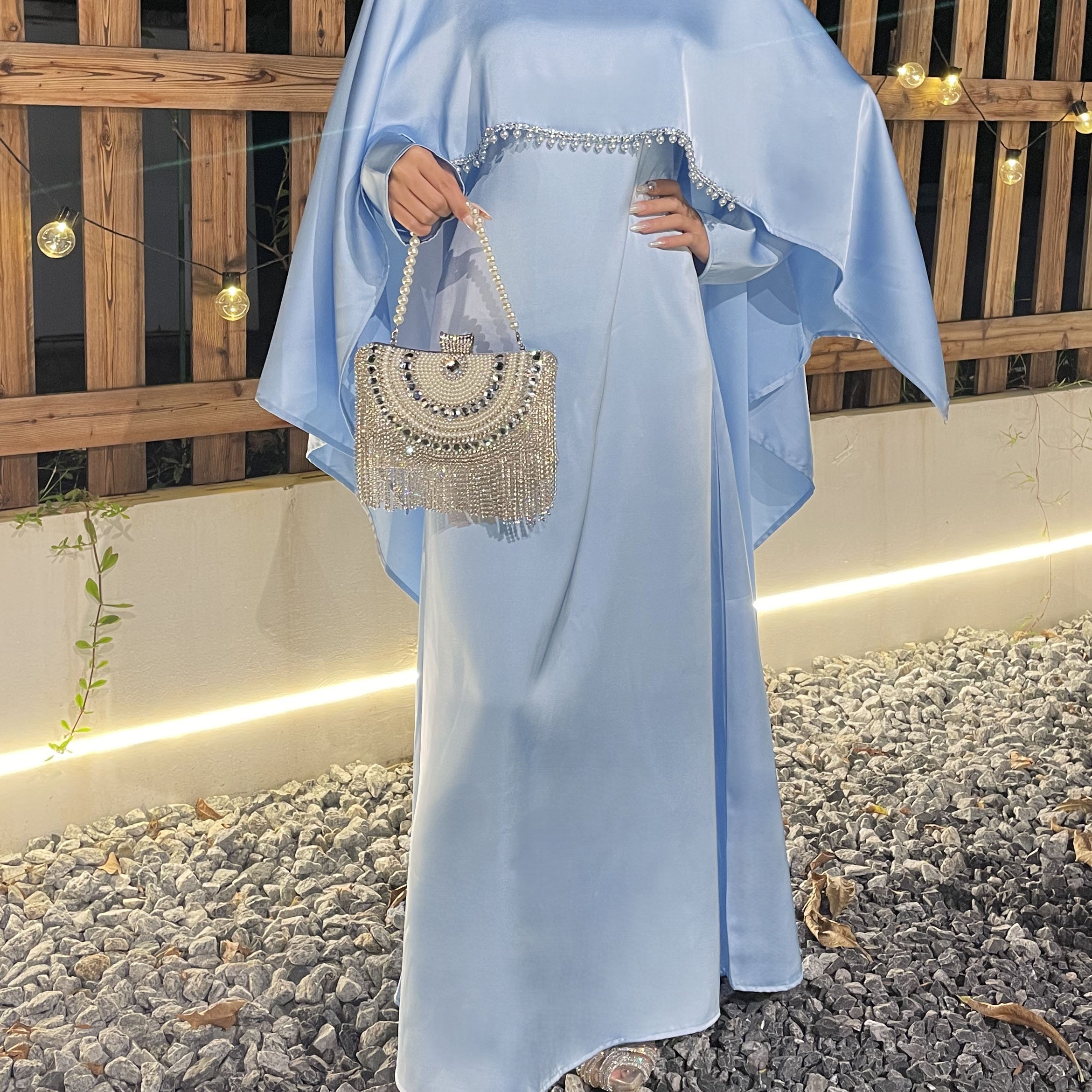 #CL43 Pearl & Crystal Butterfly Abaya ✦ Satin Cape Dress for Weddings & Evening Galas