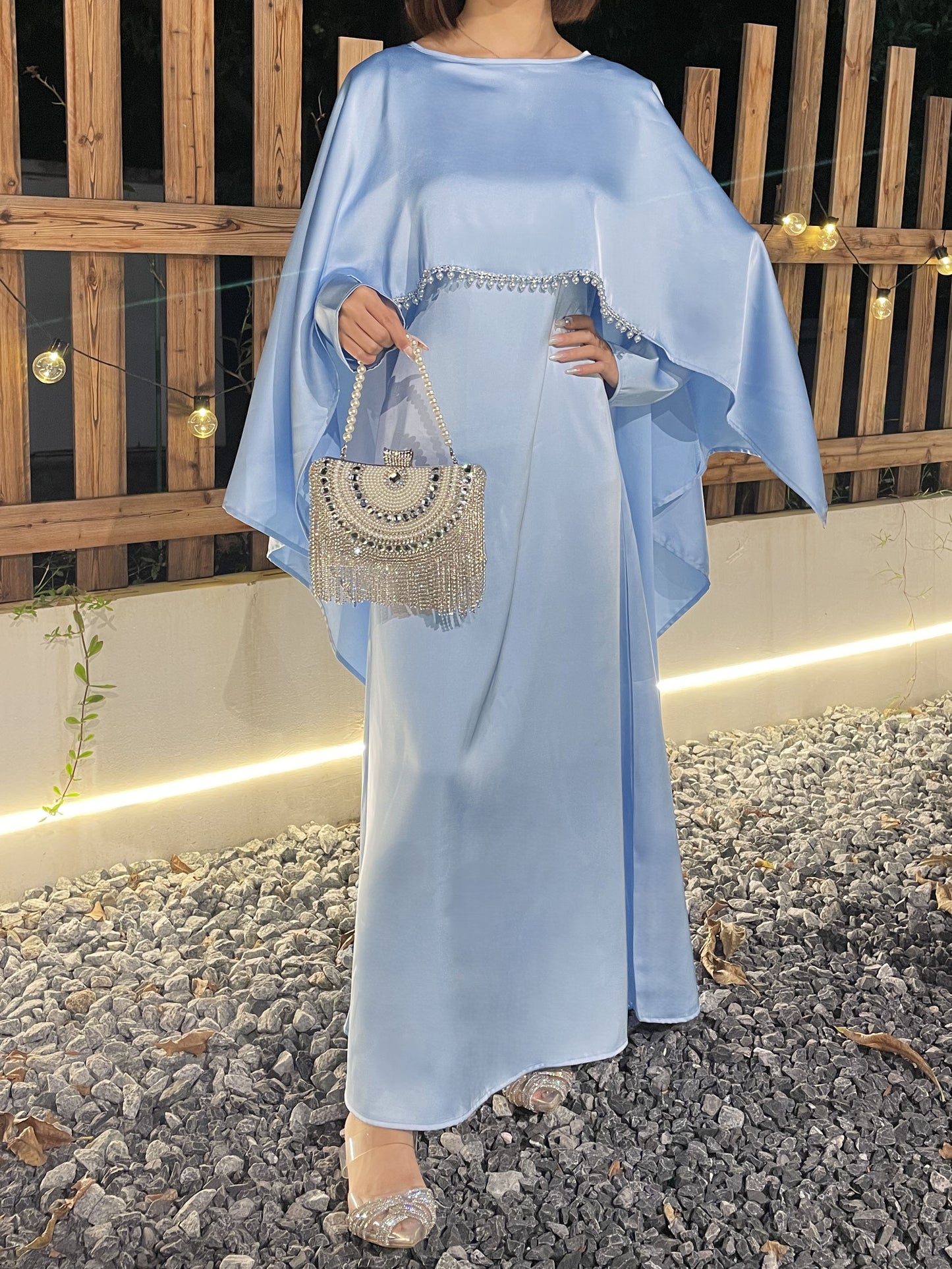 #CL43 Pearl & Crystal Butterfly Abaya ✦ Satin Cape Dress for Weddings & Evening Galas