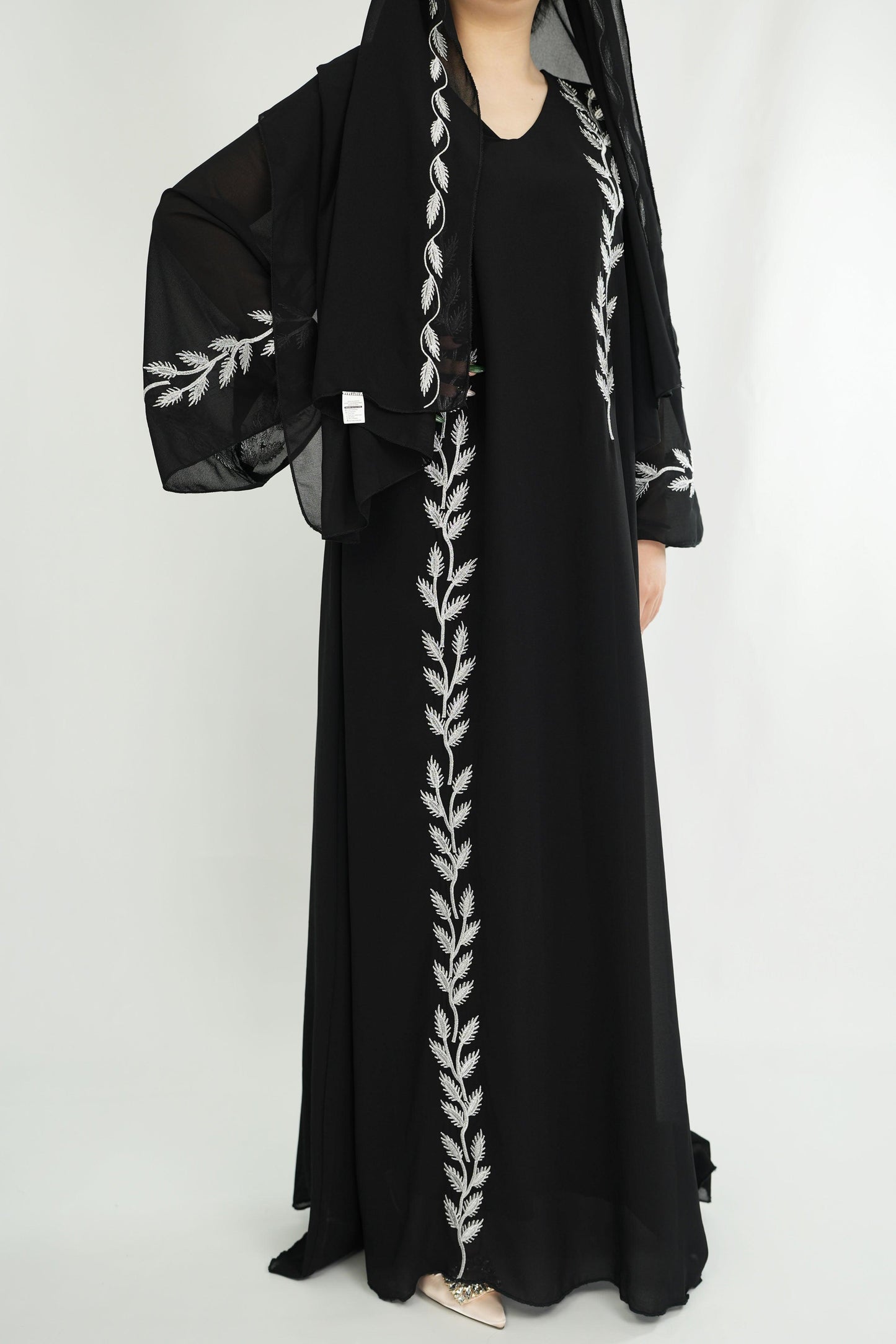 #CL14 Luxury Hand-Embroidered Leaf Abaya Set | 2-Piece Chiffon Hijab Dress in 4 Colors (S-2XL)
