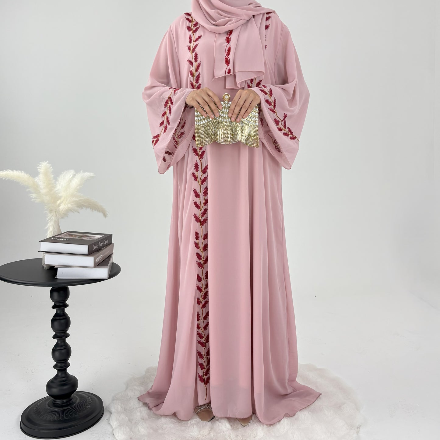 #CL14 Luxury Hand-Embroidered Leaf Abaya Set | 2-Piece Chiffon Hijab Dress in 4 Colors (S-2XL)