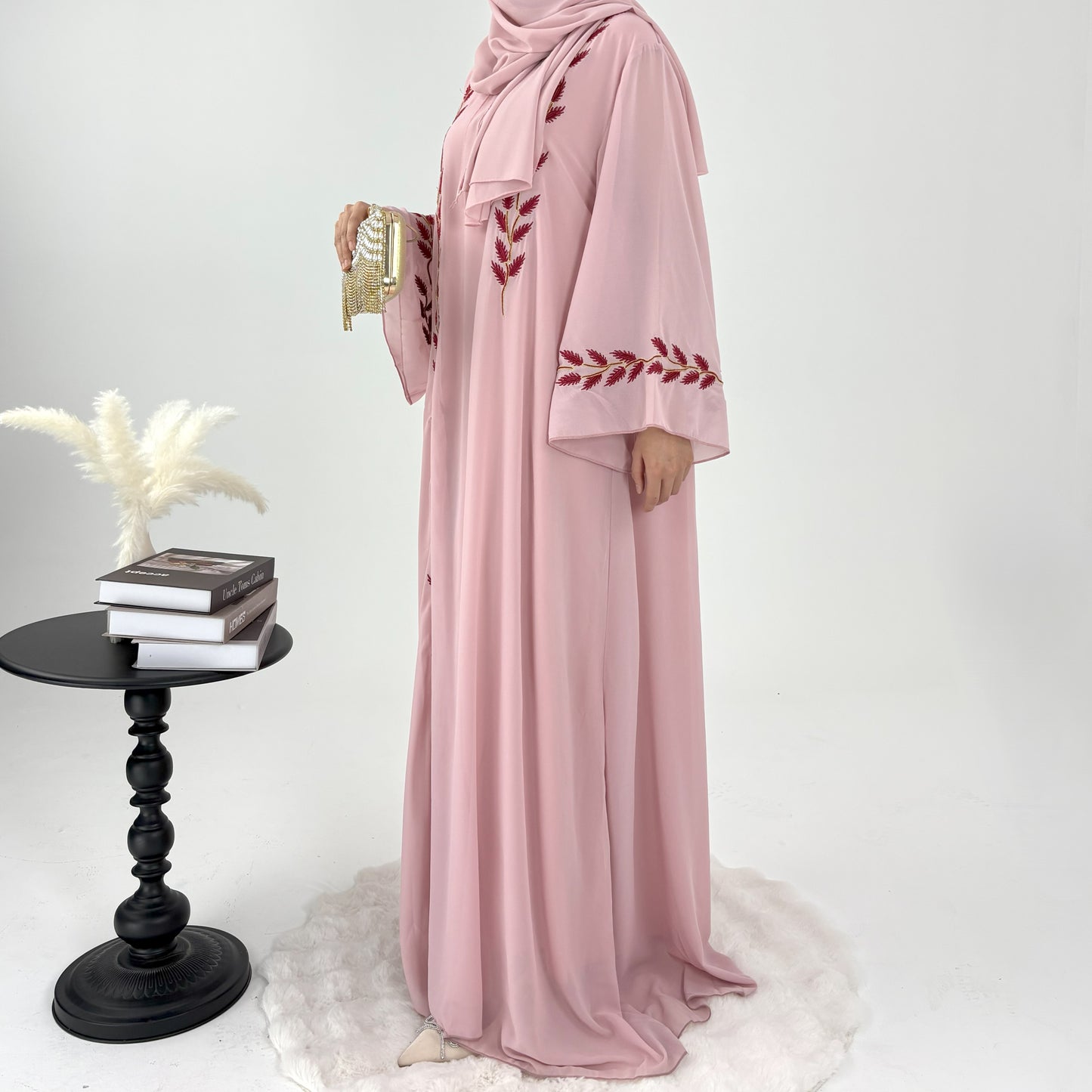 #CL14 Luxury Hand-Embroidered Leaf Abaya Set | 2-Piece Chiffon Hijab Dress in 4 Colors (S-2XL)