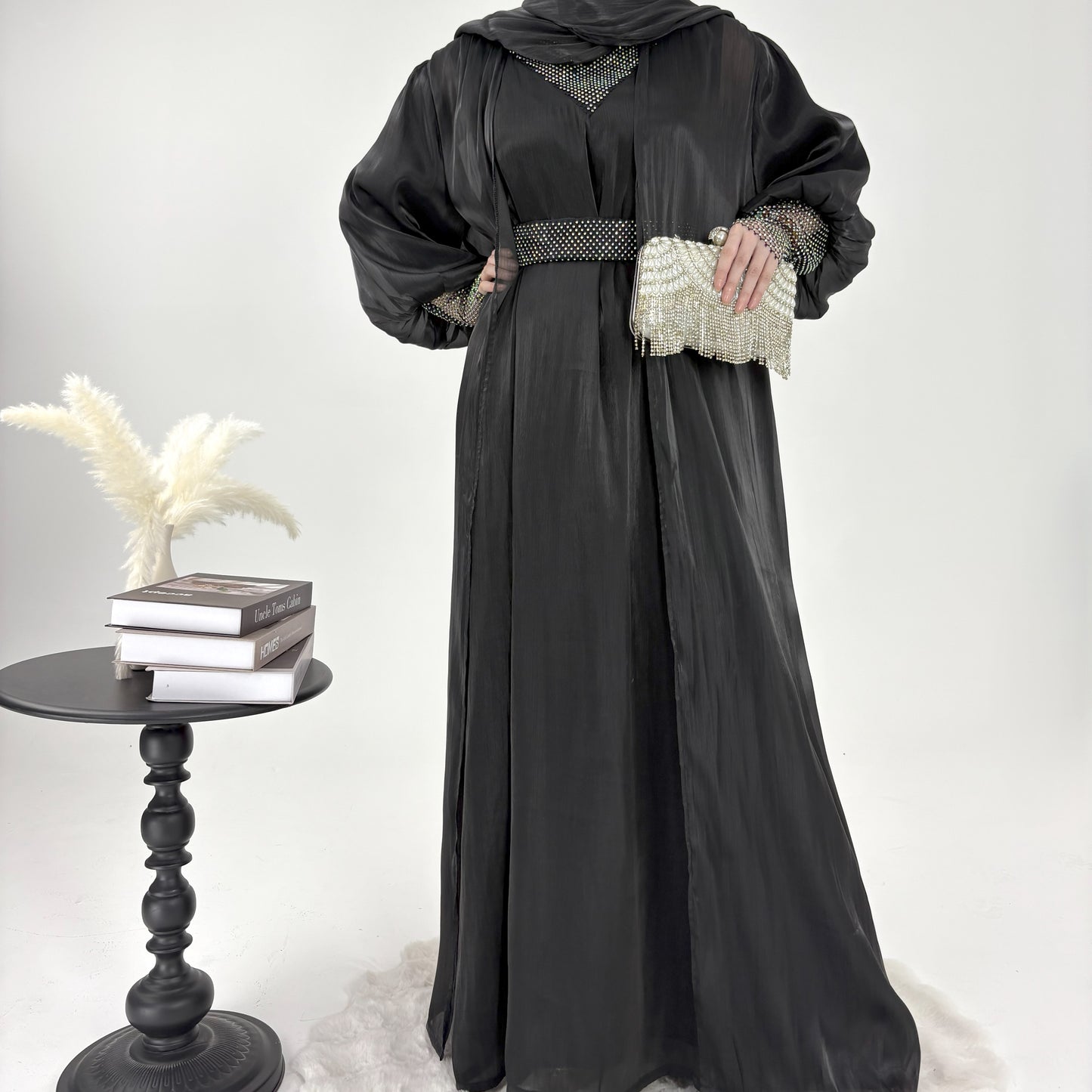 #CL04 Luxury 4-Piece Abaya Set | Shiny Mesh Chiffon Kaftan Dress with Scarf ✦ Modest Islamic Fashion