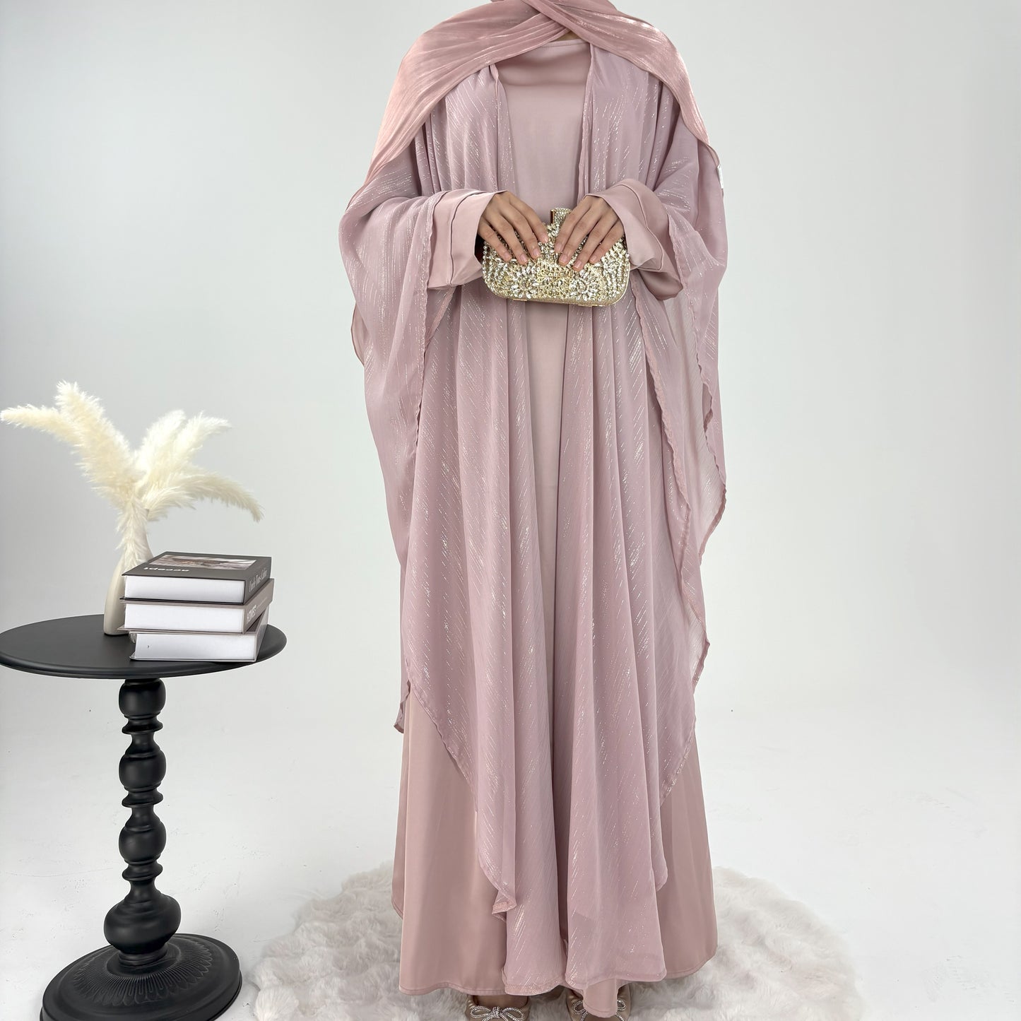 #CL51 Luxe Gold-Thread Abaya Set ✦ Shimmer Cardigan & Loose Abaya Duo for Day-to-Night Modesty